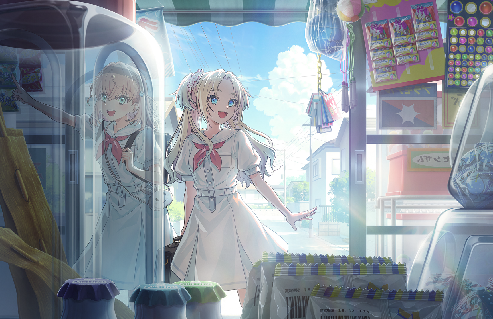 hinoshita kaho, osawa rurino, link! like! love live!, love live!, game cg, highres, non-web source, official art, 2girls, :d, aqua eyes, blue eyes, breast pocket, curtained hair, day, dress, flower, hair flower, hair ornament, hasu no sora school uniform, indoors, long hair, medium dress, medium hair, multiple girls, neckerchief, open door, open mouth, orange hair, parted bangs, pink flower, pleated dress, pocket, puffy short sleeves, puffy sleeves, rabbit hair ornament, red neckerchief, sailor collar, sailor dress, school uniform, shop, short sleeves, sliding doors, smile, summer uniform, twintails, two side up, virtual youtuber, white dress, white sailor collar