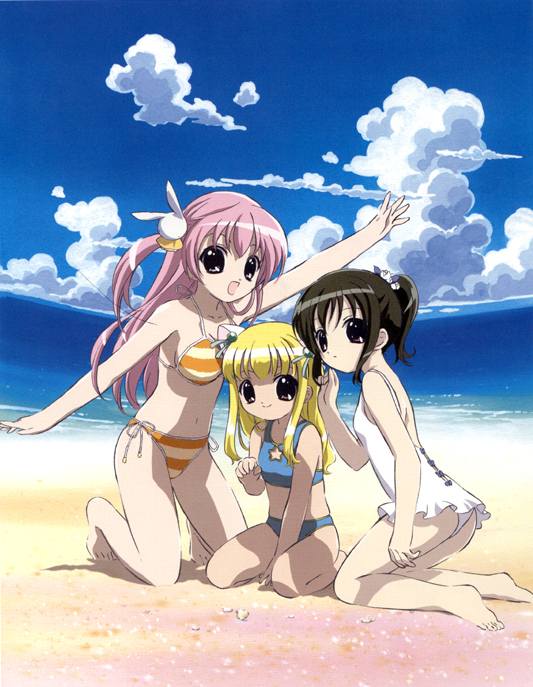 sakai kyuuta, misha (pita ten), shia (pita ten), uematsu koboshi, pita ten, official art, 3girls, animal ears, barefoot, beach, bikini, blonde hair, brown eyes, brown hair, casual one-piece swimsuit, cat ears, cloud, day, hair ornament, kneeling, long hair, multiple girls, ocean, one-piece swimsuit, outdoors, pink hair, ponytail, rabbit hair ornament, sitting, sky, striped bikini, striped clothes, swimsuit, tankini, white one-piece swimsuit