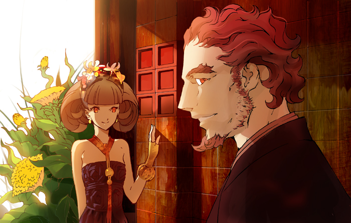 naoe marimo, original, beard, brown hair, facial hair, flower, red eyes, short hair