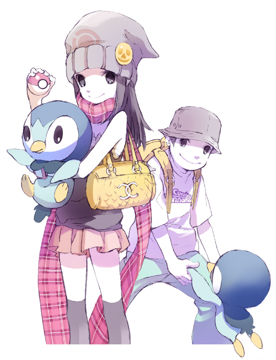 naoe marimo, dawn (pokemon), piplup, nintendo, pokemon, plaid, 1boy, 1girl, backpack, bag, beanie, brown eyes, brown hair, bucket hat, buttons, gen 4 pokemon, halloween, handbag, hat, holding, holding poke ball, long hair, miniskirt, poke ball, pokemon (creature), poketch, scarf, shoulder bag, simple background, skirt, skull, watch, white background, wristwatch