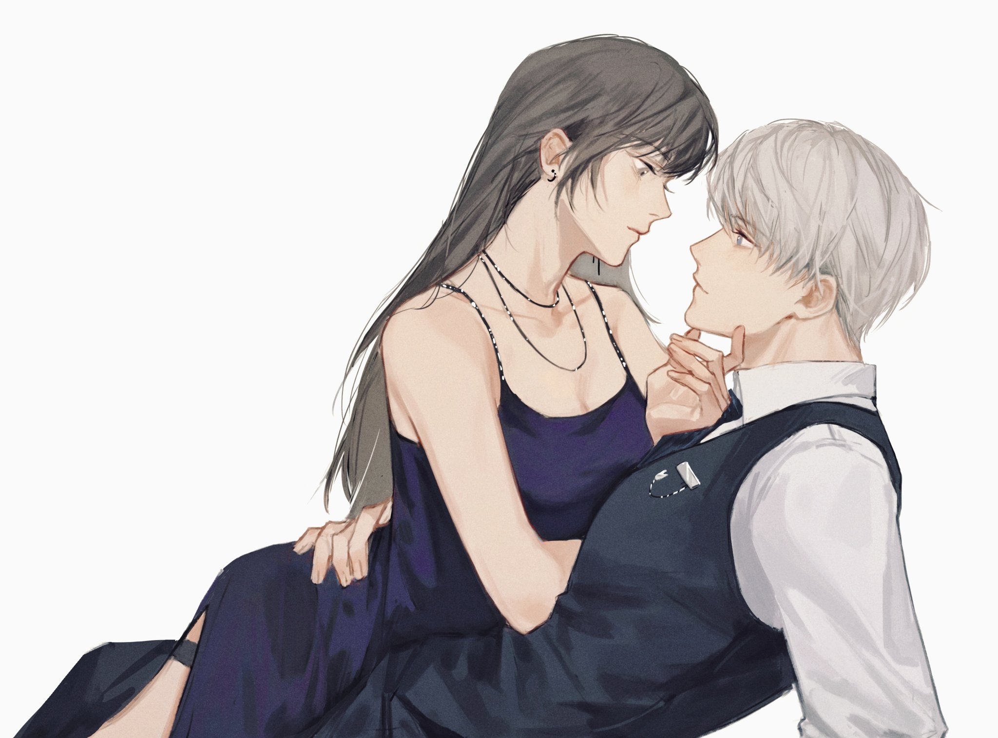 orihara0820, protagonist (love and deepspace), xavier (love and deepspace), love and deepspace, highres, 1boy, 1girl, black hair, black necktie, black vest, blue eyes, closed mouth, couple, dress, dress shirt, earrings, eye contact, from side, grey eyes, hand on another's back, hand on another's chin, hetero, jewelry, leaning back, looking at another, necklace, necktie, on person, purple dress, shirt, short hair, simple background, sitting, smile, spaghetti strap, thigh strap, vest, white background, white hair, white shirt