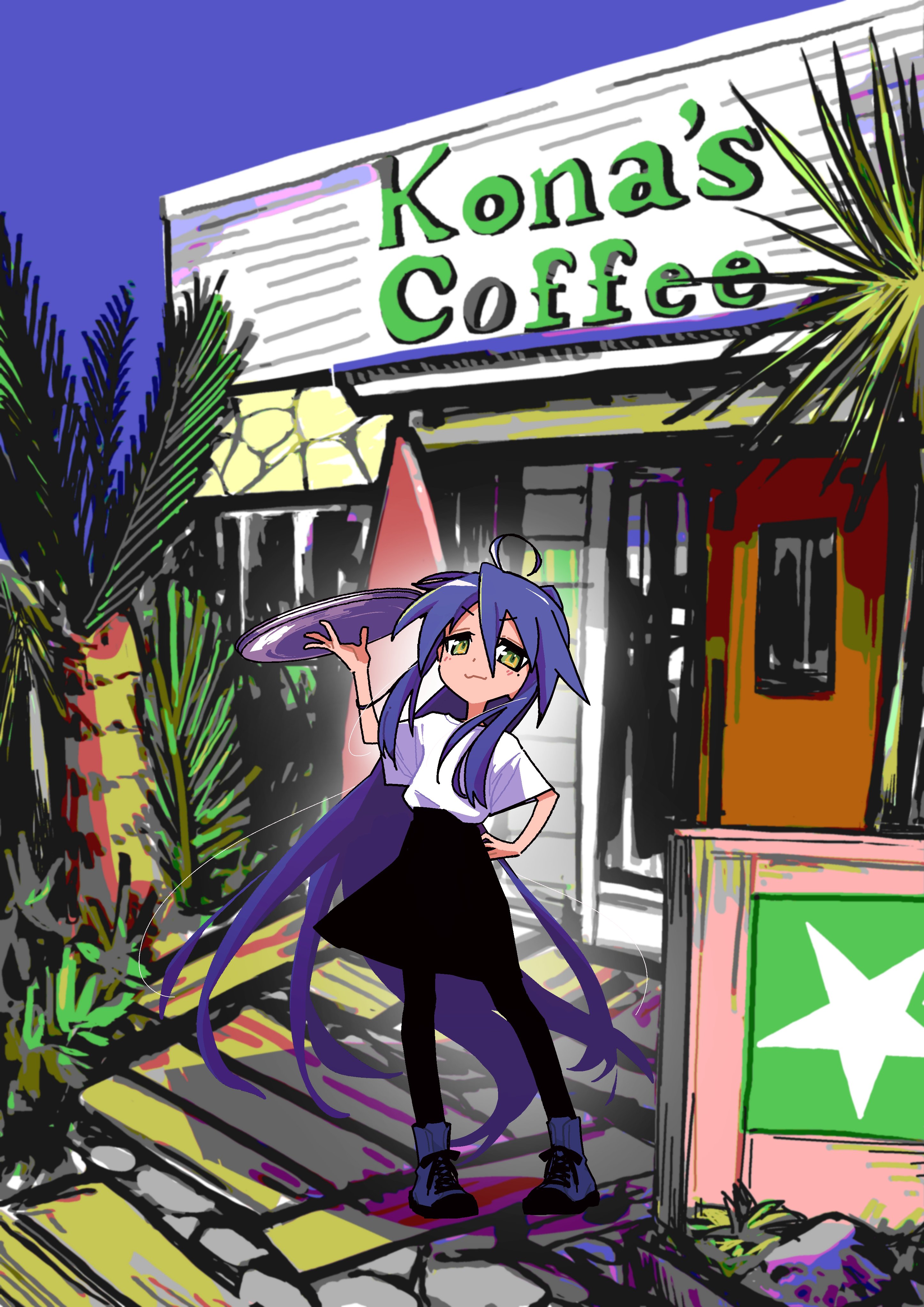 sagarakuda, izumi konata, lucky star, absurdres, commentary request, highres, 1girl, ahoge, alternate costume, black pantyhose, black skirt, blue boots, blue hair, blue sky, boots, cafe, closed mouth, day, door, english text, green eyes, hair between eyes, holding, holding tray, long hair, looking at viewer, mole, mole under eye, outdoors, pantyhose, plant, shirt, shirt tucked in, short sleeves, sign, skirt, sky, solo, standing, tray, tree, very long hair, white shirt