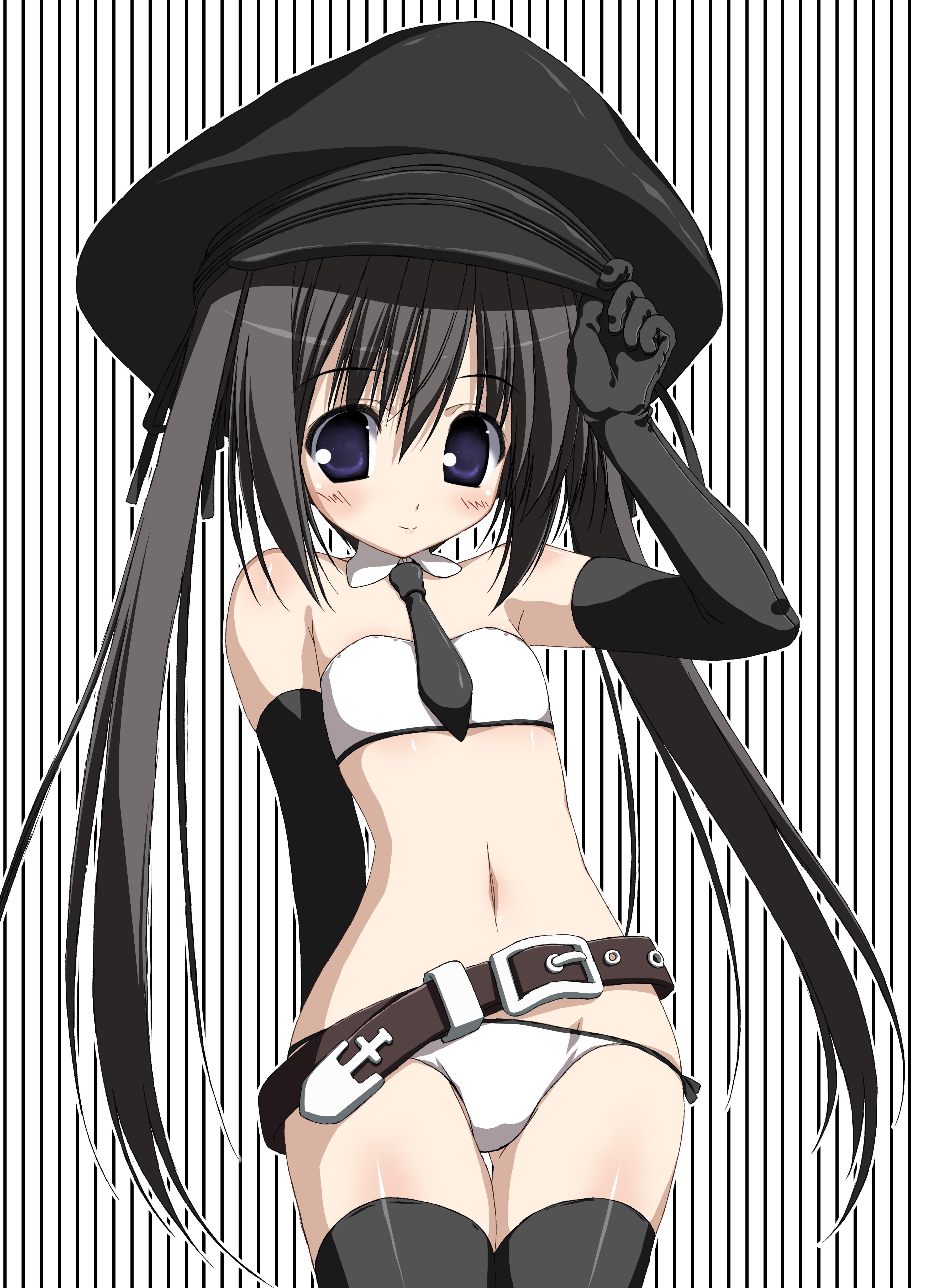 suzuri, suzuri (tennenseki), absurdres, highres, 1girl, belt, belt skirt, bikini, black gloves, black hair, black thighhighs, detached collar, elbow gloves, female focus, flat chest, gloves, hat, long hair, necktie, police, purple eyes, smile, solo, striped background, swimsuit, thigh gap, thighhighs, twintails, white bikini