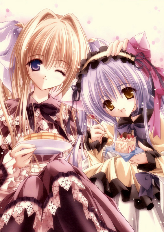 tinker bell (pixiv 10956015), karen (cafe little wish), mina (cafe little wish), cafe little wish, hand on head, 2girls, animal ears, blonde hair, blue eyes, cake, cat ears, dessert, dress, food, multiple girls, one eye closed, pantyhose, pastry, purple eyes, purple hair, ribbon, wink, yellow eyes