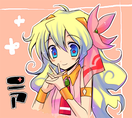 pokopi, nia teppelin, tengen toppa gurren lagann, lowres, 00s, 1girl, armlet, bare shoulders, blonde hair, blue eyes, blush, female focus, flower, hair flower, hair ornament, jewelry, looking at viewer, multicolored hair, own hands clasped, own hands together, pink background, simple background, smile, solo, two-tone hair, upper body