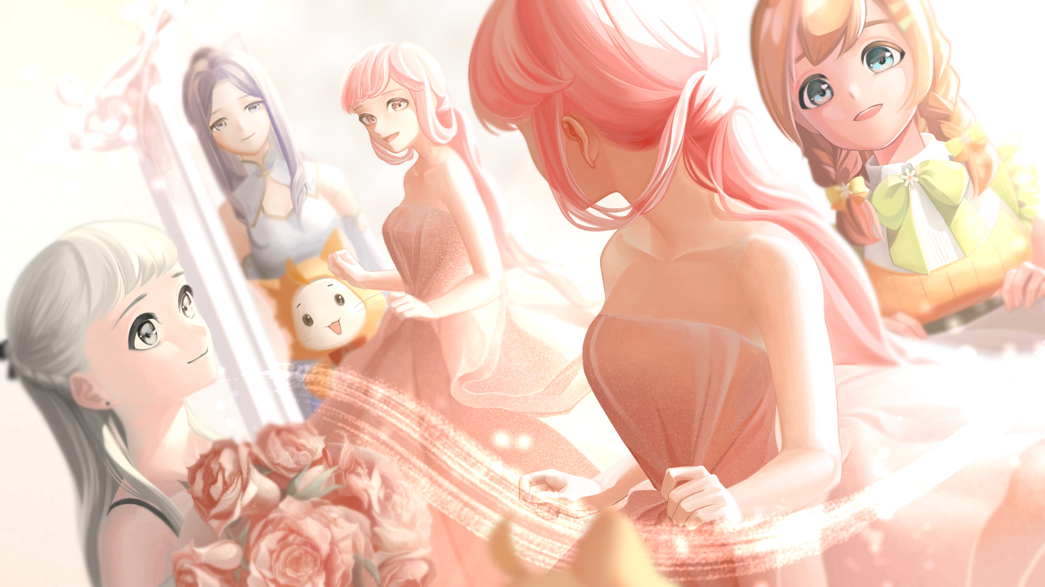 1 hcs, bobo (miracle nikki), kimi (miracle nikki), momo (nikki), nikki (nikki), miracle nikki, nikki (series), highres, 4girls, ahoge, animal, bare arms, bare shoulders, black bow, black corset, black eyes, blunt bangs, bouquet, bow, bowtie, bra strap, braid, breasts, brooch, brown eyes, brown hair, cat, china dress, chinese clothes, chinese hairpin, cleavage, cleavage cutout, cloak, clothed animal, clothing cutout, collarbone, collared shirt, corset, daisy (flower), detached sleeves, dress, dutch angle, ear covers, earrings, flower, flower brooch, full-length mirror, gown, green bow, green bowtie, grey eyes, grey hair, hair bow, hair flower, hair ornament, hair over shoulder, hairclip, half up half down braid, happy, high collar, holding, holding bouquet, holding unworn clothes, hood, hood up, hooded cloak, impasto, jewelry, light blush, light particles, long dress, long hair, long sleeves, looking at another, looking at reflection, low ponytail, low twin braids, lunar (miracle nikki), mandarin collar, mirror, multiple girls, musical staff, off-shoulder dress, off shoulder, open mouth, orange dress, parallel hairclips, pink dress, pink flower, pink hair, pink rose, pleated dress, pointy nose, ponytail, purple hair, red bow, red bowtie, reflection, rose, shirt, shirt under dress, sidelocks, smile, solid oval eyes, straight hair, strapless, strapless dress, stud earrings, traditional bowtie, twin braids, very long hair, white background, white cat, white dress, white flower, white shirt, white sleeves, yellow cloak