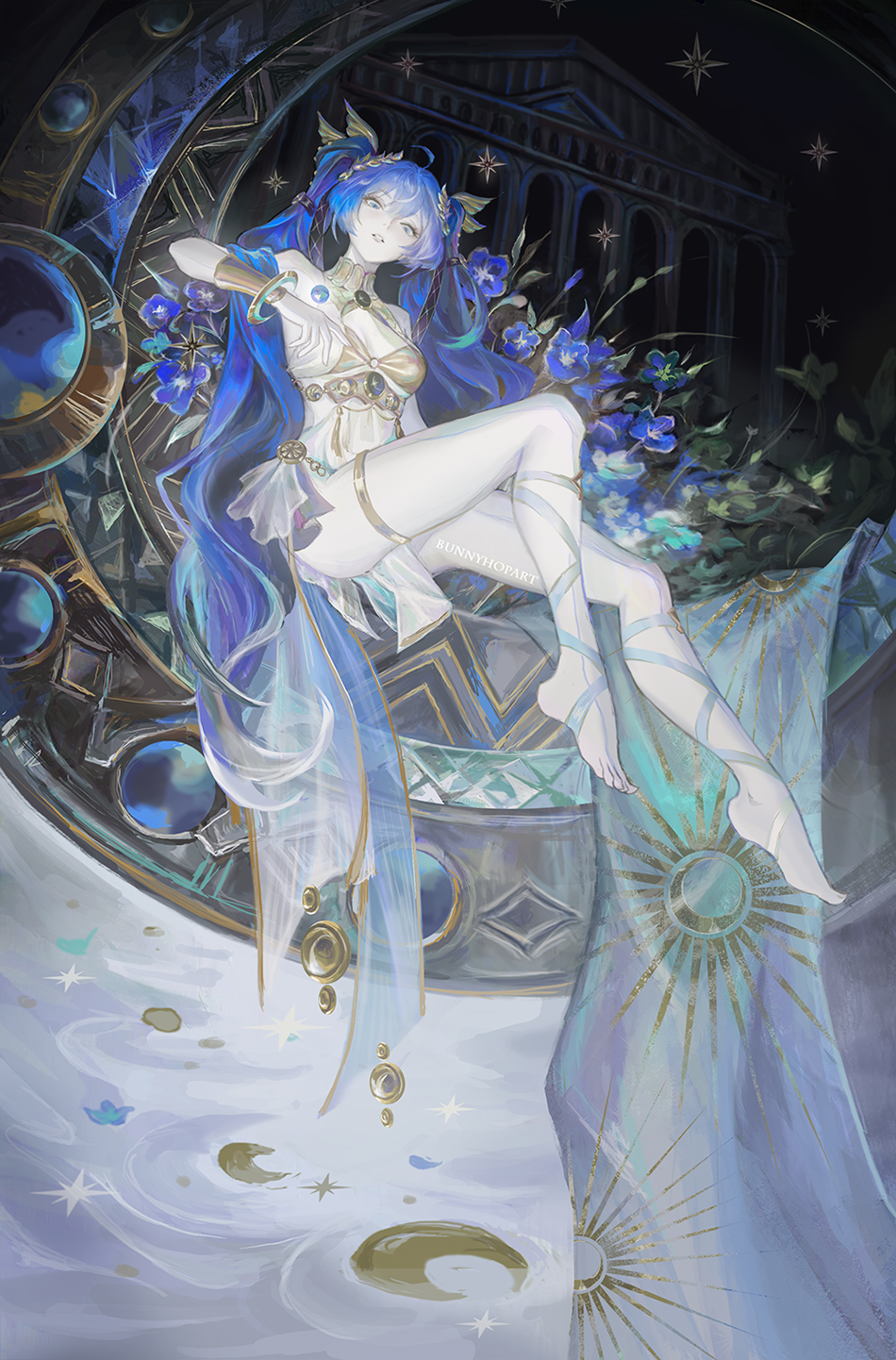 bunnyhopart, iuno (wuthering waves), wuthering waves, commentary, highres, 1girl, ancient greek clothes, artist name, bare shoulders, barefoot, black skirt, blue eyes, breasts, feet, full body, gold bra, greco-roman clothes, hair belt, head wreath, jewelry, leg wrap, long hair, looking at viewer, medium breasts, miniskirt, parted lips, showgirl skirt, skirt, solo, thighlet, toes, twintails, very long hair