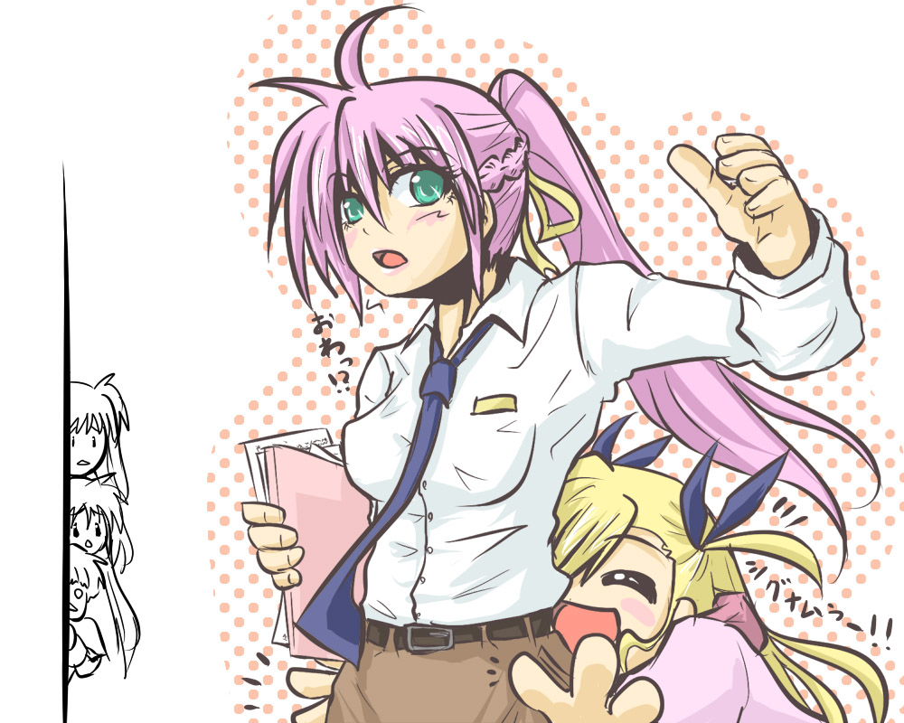 signum, vivio, lyrical nanoha, mahou shoujo lyrical nanoha, mahou shoujo lyrical nanoha strikers, 00s, 5girls, blonde hair, green eyes, military, military uniform, multiple girls, pink hair, ponytail