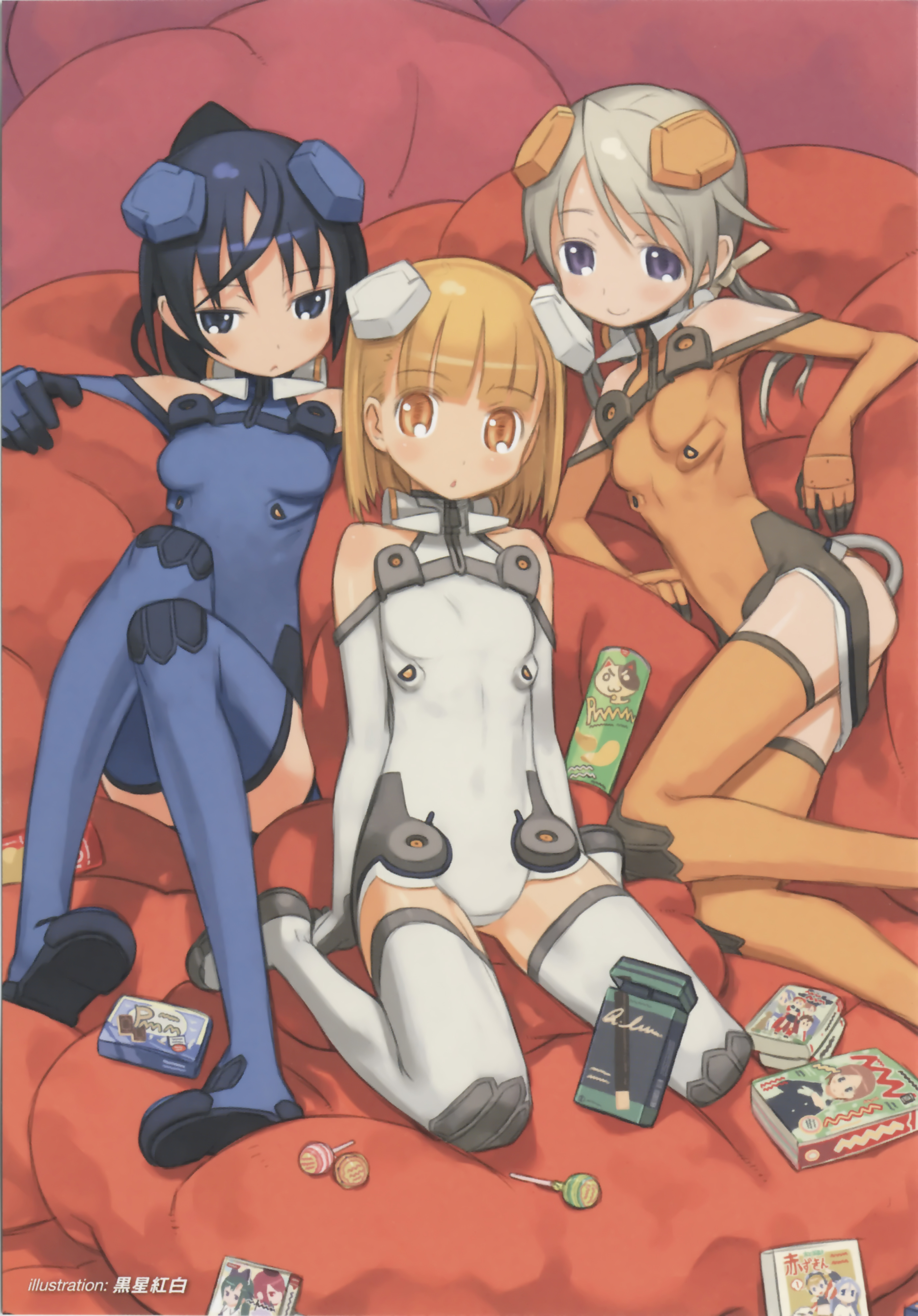 kuroboshi kouhaku, ichijou eika, sakurano otoha, sonomiya karen, pringles, sky girls, orange legwear, silver hair, white legwear, absurdres, highres, scan, 00s, 3girls, :o, ahoge, arm support, artist name, ass, ass cutout, bare shoulders, blue boots, blue eyes, blue hair, blue thighhighs, blunt bangs, blush, book, boots, brand name imitation, breasts, candy, chestnut mouth, chips (food), clothing cutout, elbow gloves, flat chest, food, gloves, hair ornament, hair ribbon, halterneck, high ponytail, knees together feet apart, knees up, leotard, light smile, lollipop, long hair, looking at viewer, low twintails, lying, mecha pilot suit, motion slit, motionslit, multiple girls, on back, on side, open mouth, orange boots, orange eyes, orange hair, parted bangs, pillow, pocky, ponytail, potato chips, ribbon, short hair, sitting, small breasts, smile, thigh boots, thighhighs, turtleneck, twintails, wariza, white boots, zettai ryouiki