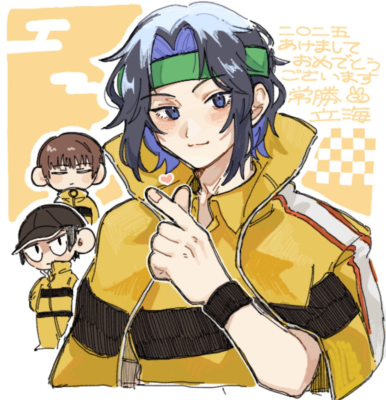 sanada gen'ichirou, yanagi renji, yukimura seiichi, tennis no ouji-sama, highres, translation request, 3boys, :3, adam's apple, arm at side, baseball cap, black hat, blue eyes, blue hair, blush, blush stickers, border, brown hair, chibi, chibi inset, closed eyes, closed mouth, collared shirt, colored inner hair, cropped torso, curtained hair, finger heart, green headband, hand up, hat, hatching (texture), headband, heart, jacket, jacket on shoulders, jitome, kusamoti 91, linear hatching, long bangs, looking at viewer, male focus, multicolored hair, multiple boys, outline, parted bangs, popped collar, shirt, short hair, solo focus, sweatband, track jacket, track suit, wavy hair, white border, white outline, wristband, yellow background, yellow jacket, yellow shirt