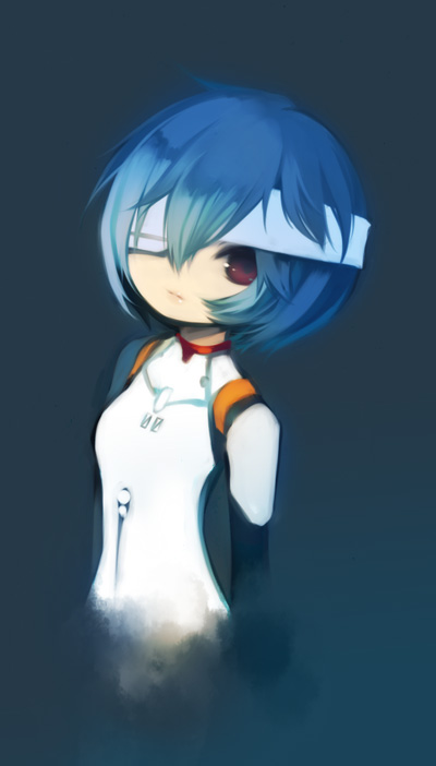 puti devil, ayanami rei, neon genesis evangelion, bandage over one eye, bandages, blue hair, chibi, eyepatch, mecha pilot suit, plugsuit (evangelion), red eyes, short hair, solo