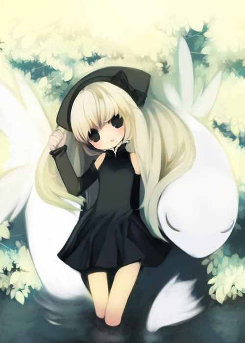 puti devil, black dress, black eyes, blonde hair, bow, detached sleeves, dress, hat, solo