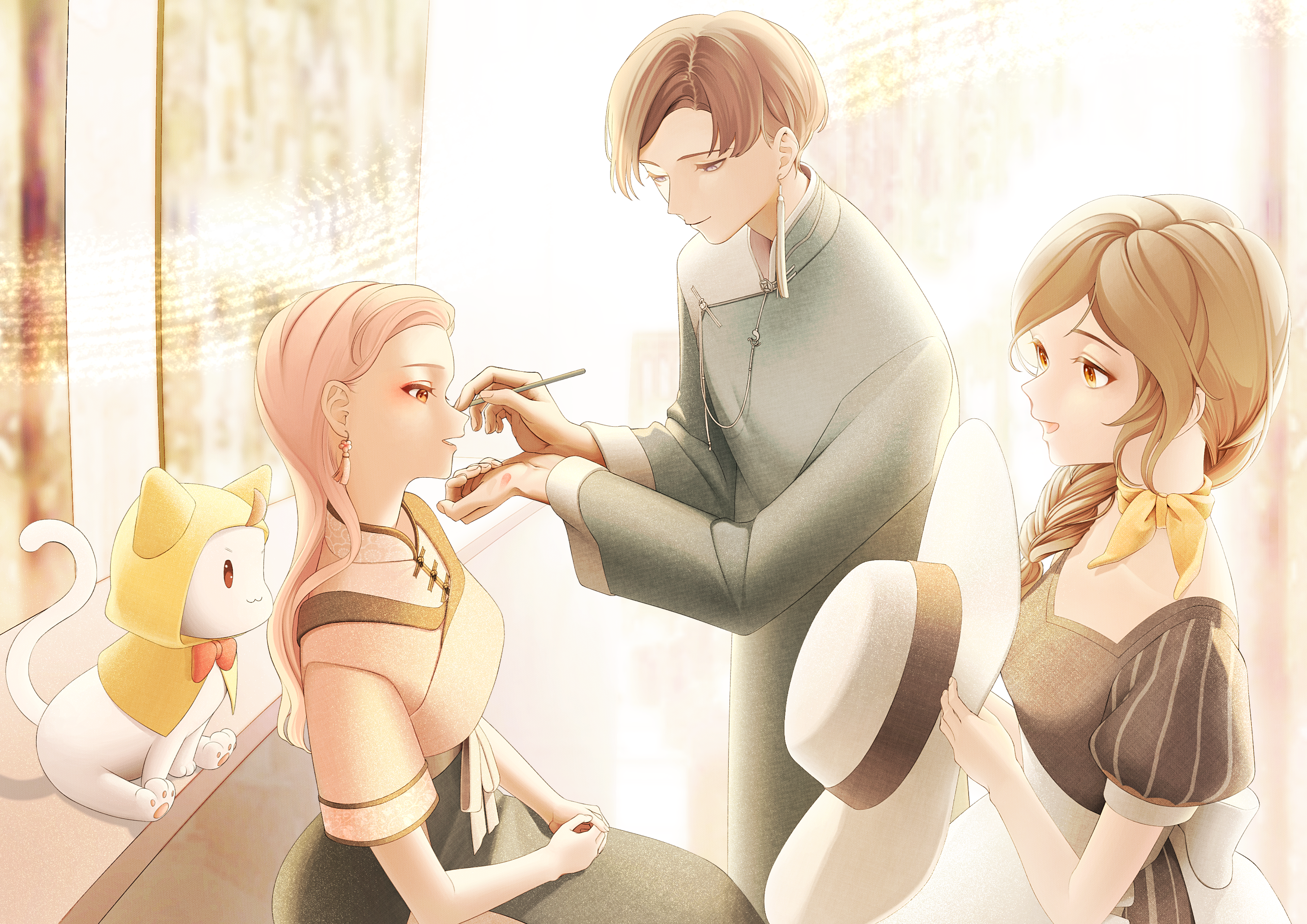 1 hcs, momo (nikki), nikki (nikki), nikki (series), shining nikki, absurdres, highres, 1boy, 2girls, :3, animal, applying another's makeup, applying makeup, apron, back bow, black skirt, blue hanfu, bow, bowtie, braid, brown dress, brown eyes, brown hair, cat, chinese clothes, cloak, closed mouth, clothed animal, collared shirt, dress, dressing room, ear covers, earrings, eyelashes, eyeshadow, forehead, grey eyes, hair over shoulder, hand on another's chin, hands on lap, hanfu, happy, hat, high-waist skirt, holding, holding brush, holding makeup brush, holding unworn clothes, holding unworn hat, hood, hood up, hooded cloak, indoors, jewelry, joy (shining nikki), layered shirt, light particles, long hair, long skirt, long sleeves, looking at another, makeup, makeup brush, mandarin collar, mirror, multiple girls, musical staff, on table, open mouth, own hands together, pink eyeshadow, pink hair, puffy short sleeves, puffy sleeves, qin yi, red bow, red bowtie, scarf, shadow, shirt, short hair, short sleeves, single braid, single earring, sitting, skirt, smile, solid oval eyes, standing, striped clothes, striped dress, sun hat, table, tassel, tassel earrings, traditional bowtie, unworn hat, unworn headwear, vertical-striped clothes, vertical-striped dress, waist apron, waist bow, wavy hair, white apron, white bow, white cat, white hat, white shirt, yellow cloak, yellow scarf, yellow shirt