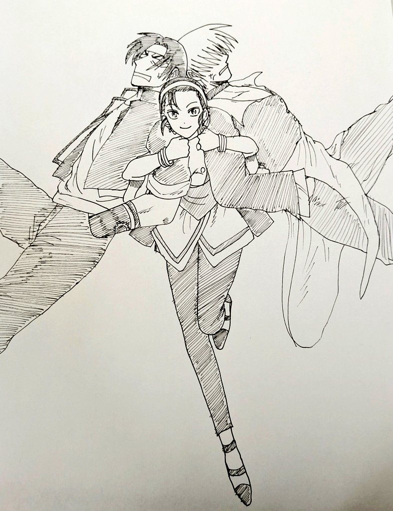 kazu koimo, kagura chizuru, kusanagi kyou, yagami iori, the king of fighters, 1girl, black eyes, black hair, breasts, buttons, dress, female focus, formal clothes, hairband, holding, long hair, looking at viewer, medium breasts, pants, shoes, smile