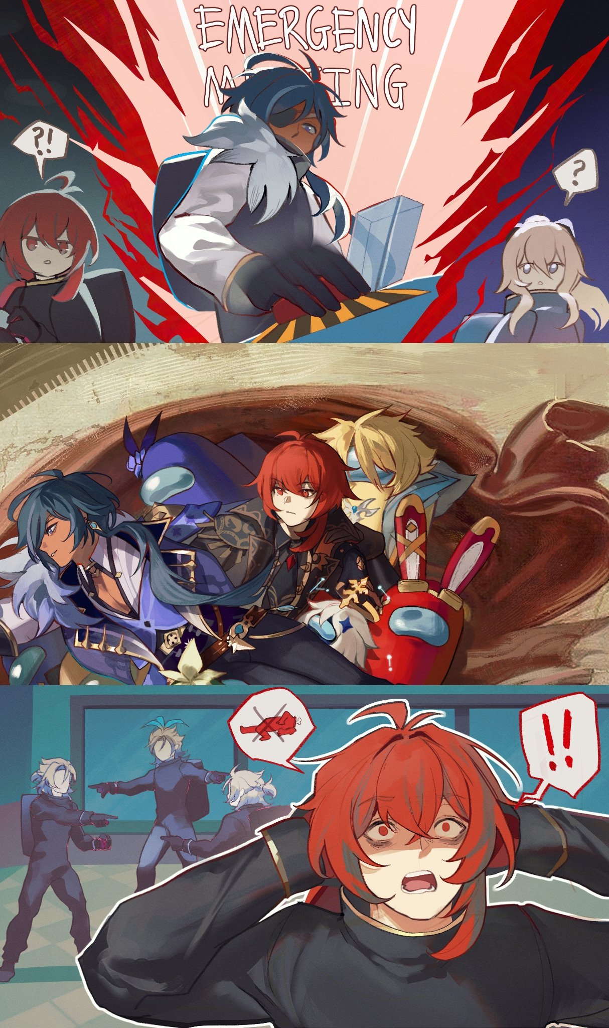 srro yo, barbara (genshin impact), black (among us), blue (among us), crewmate (among us), diluc (genshin impact), kaeya (genshin impact), paimon (genshin impact), red (among us), yellow (among us), among us, genshin impact, the creation of adam, character request, commentary, english commentary, highres, !, !!, 1girl, 1other, 2boys, alternate costume, blonde hair, blood, blue hair, cartoon bone, corpse, cosplay, crossover, dark-skinned male, dark skin, family guy death pose (meme), fine art parody, hands on own head, meme, multiple boys, open mouth, paimon (genshin impact) (cosplay), parody, pointing, pointing at another, pointing spider-man (meme), push-button, red eyes, red hair, shocked black guy (meme), spacecraft, spacesuit, speech bubble, wide-eyed