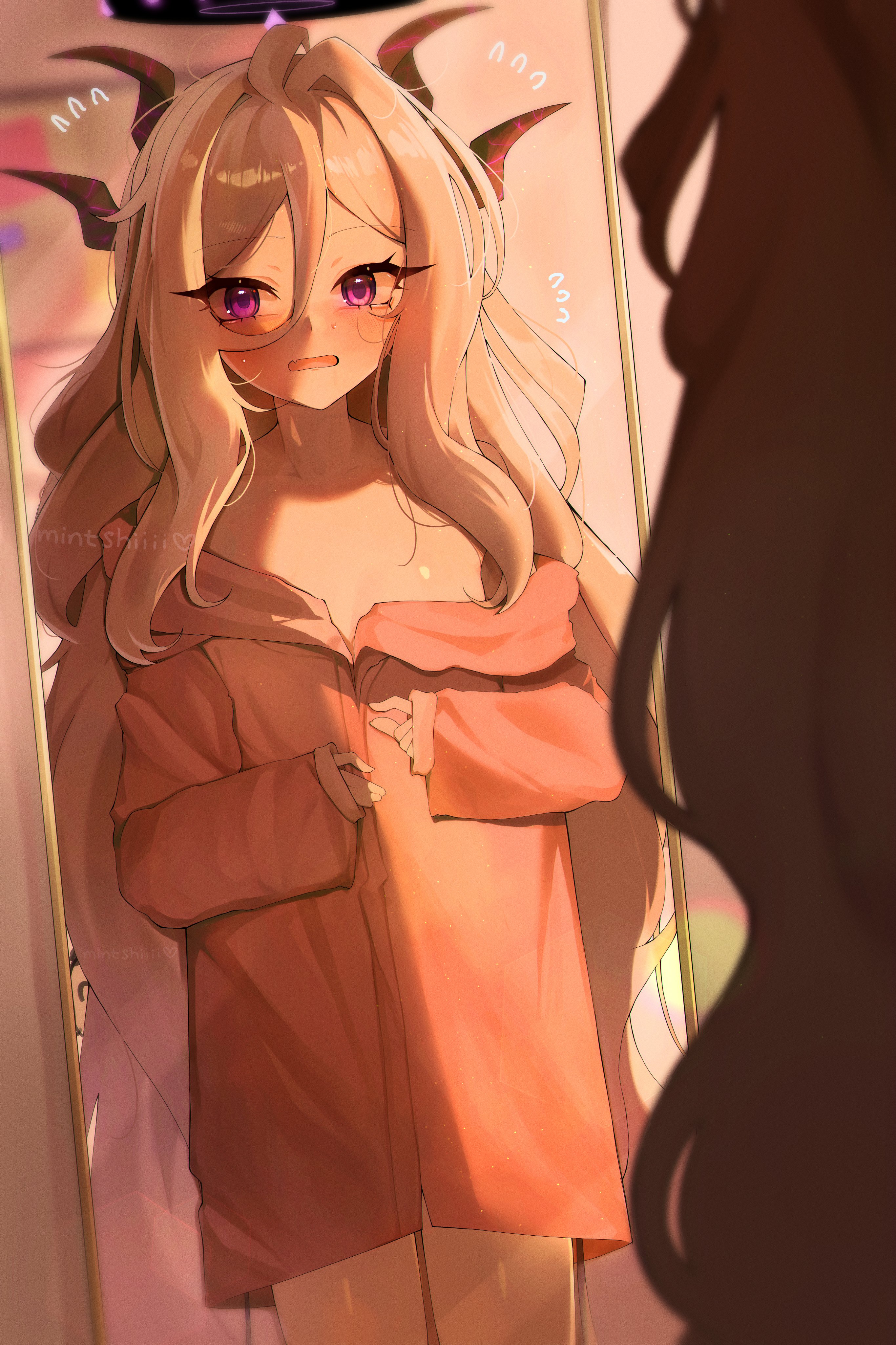 mintshiiii, hina (blue archive), blue archive, absurdres, highres, 1girl, demon horns, flat chest, full-length mirror, halo, horns, long hair, loose clothes, loose shirt, mirror, naked shirt, oversized clothes, oversized shirt, purple eyes, reflection, reflection focus, shirt, solo, white hair, white shirt