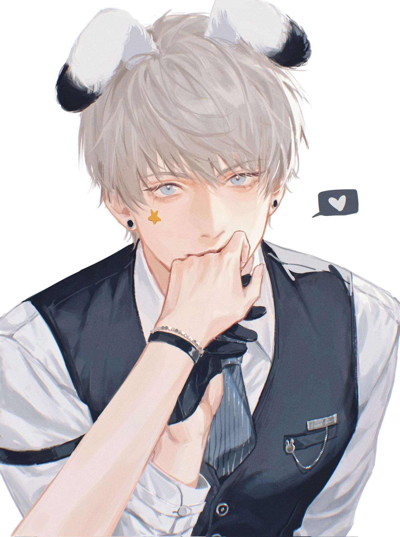 orihara0820, protagonist (love and deepspace), xavier (love and deepspace), love and deepspace, highres, 1boy, 1girl, animal ears, black gloves, black necktie, black vest, blue eyes, collared shirt, couple, earrings, gloves, hand grab, heart, hetero, jewelry, kiss, kissing hand, looking at viewer, male focus, necktie, pov, rabbit boy, rabbit ears, shirt, short hair, simple background, spoken heart, star (symbol), star sticker, sticker, sticker on face, striped necktie, stud earrings, upper body, vest, white background, white hair, white shirt