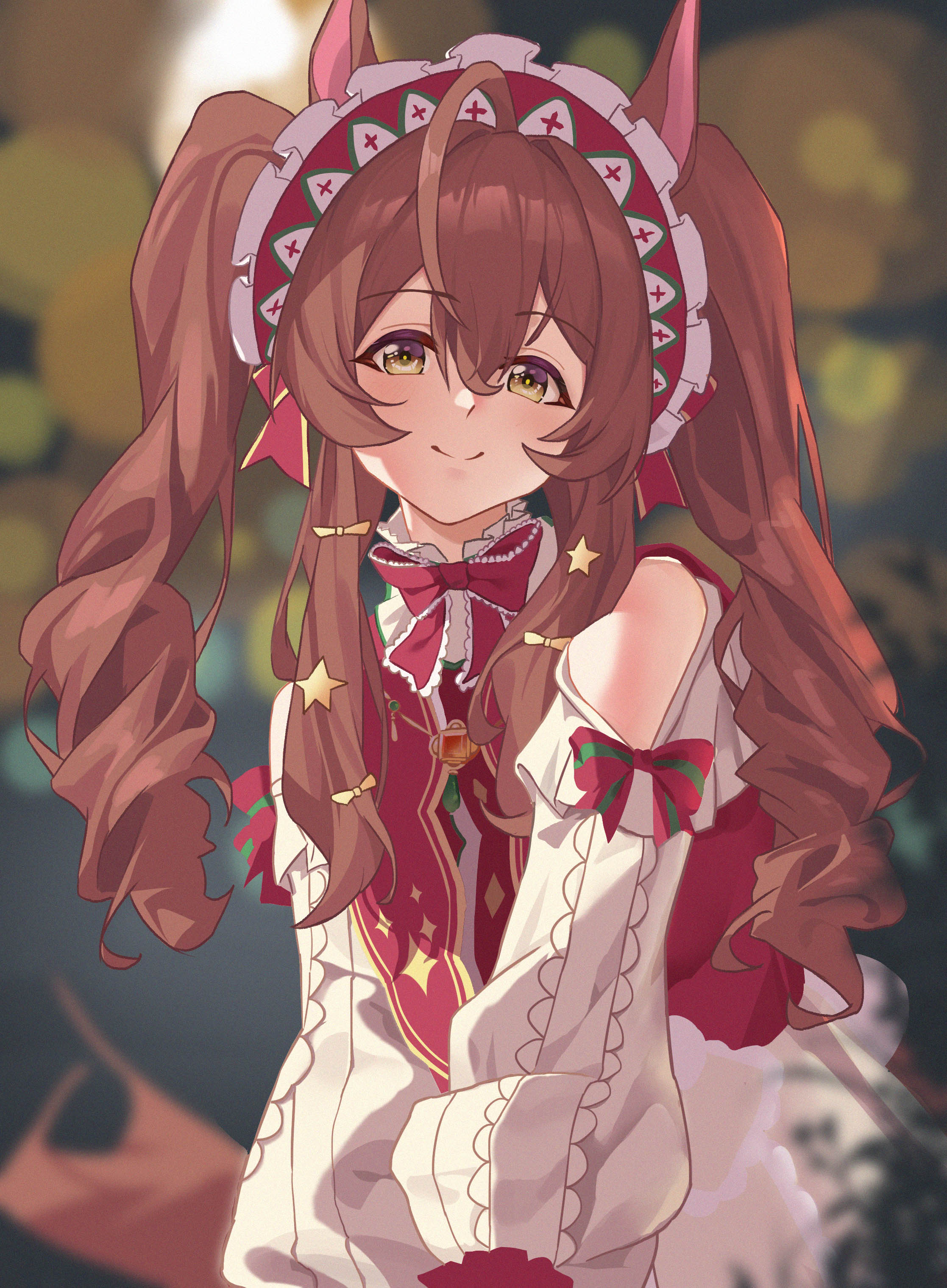 mejiro bright (starry snow lolita) (umamusume), mejiro bright (umamusume), umamusume, absurdres, highres, 1girl, animal ears, bow, brown eyes, brown hair, closed mouth, clothing cutout, hair between eyes, hairband, horse ears, horse girl, long hair, looking at viewer, official alternate costume, red bow, red hairband, red shirt, shirt, shoulder cutout, sidelocks, smile, solo, tuomali, twintails, white sleeves