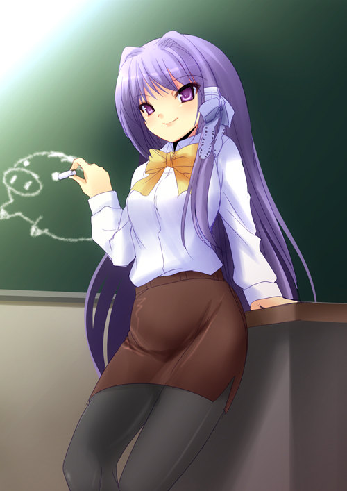 yukizuki chikuba, fujibayashi kyou, clannad, 00s, 1girl, female focus, miniskirt, pantyhose, pencil skirt, skirt, solo, teacher