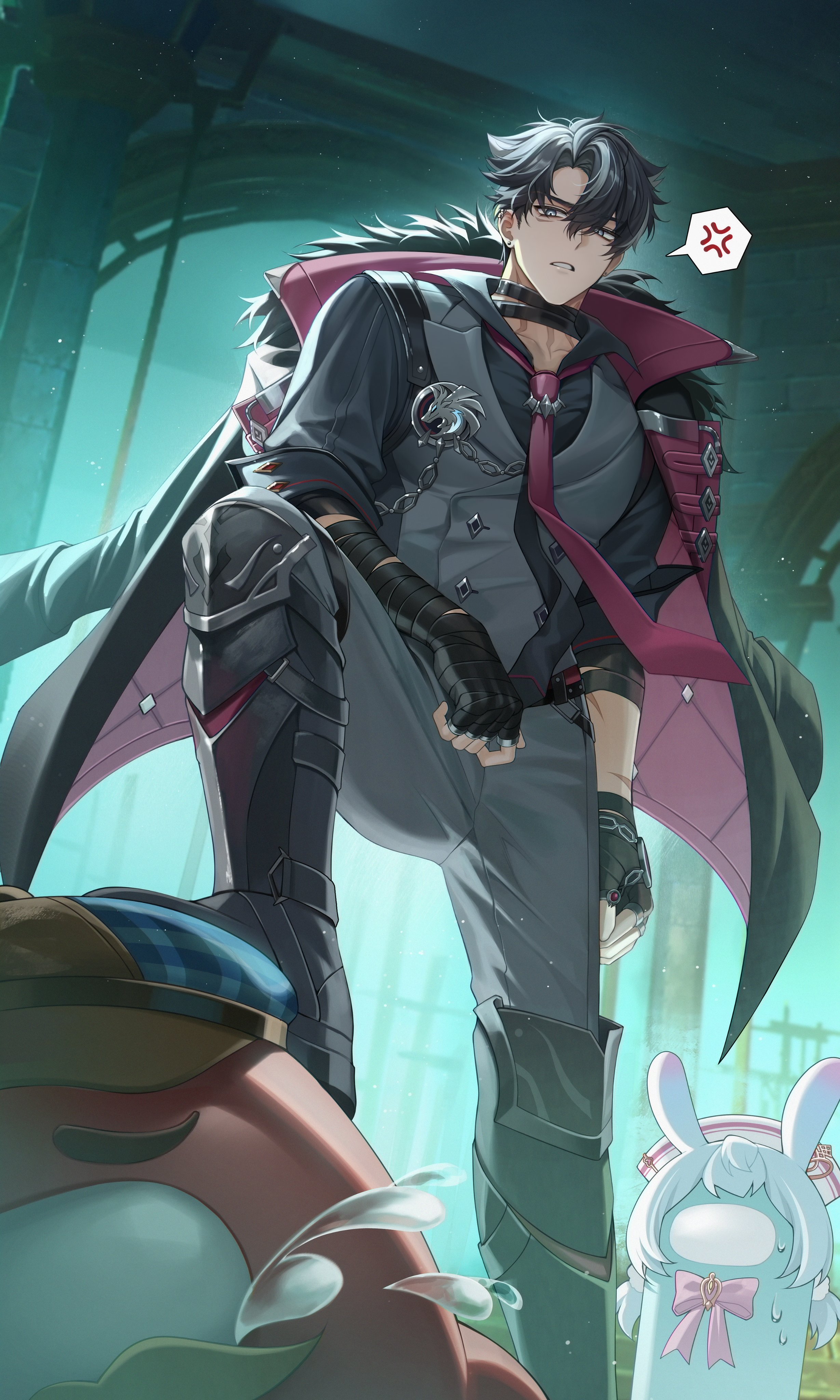 solcha, sigewinne (genshin impact), wriothesley (genshin impact), among us, genshin impact, absurdres, character request, commentary, english commentary, highres, 1boy, anger vein, bandages, black gloves, black hair, blue eyes, closed mouth, cosplay, earrings, fingerless gloves, gloves, grey hair, hair between eyes, jewelry, male focus, multicolored hair, multiple boys, necktie, pants, scar, shirt, short hair, sigewinne (genshin impact) (cosplay), solo focus, spoken anger vein, streaked hair