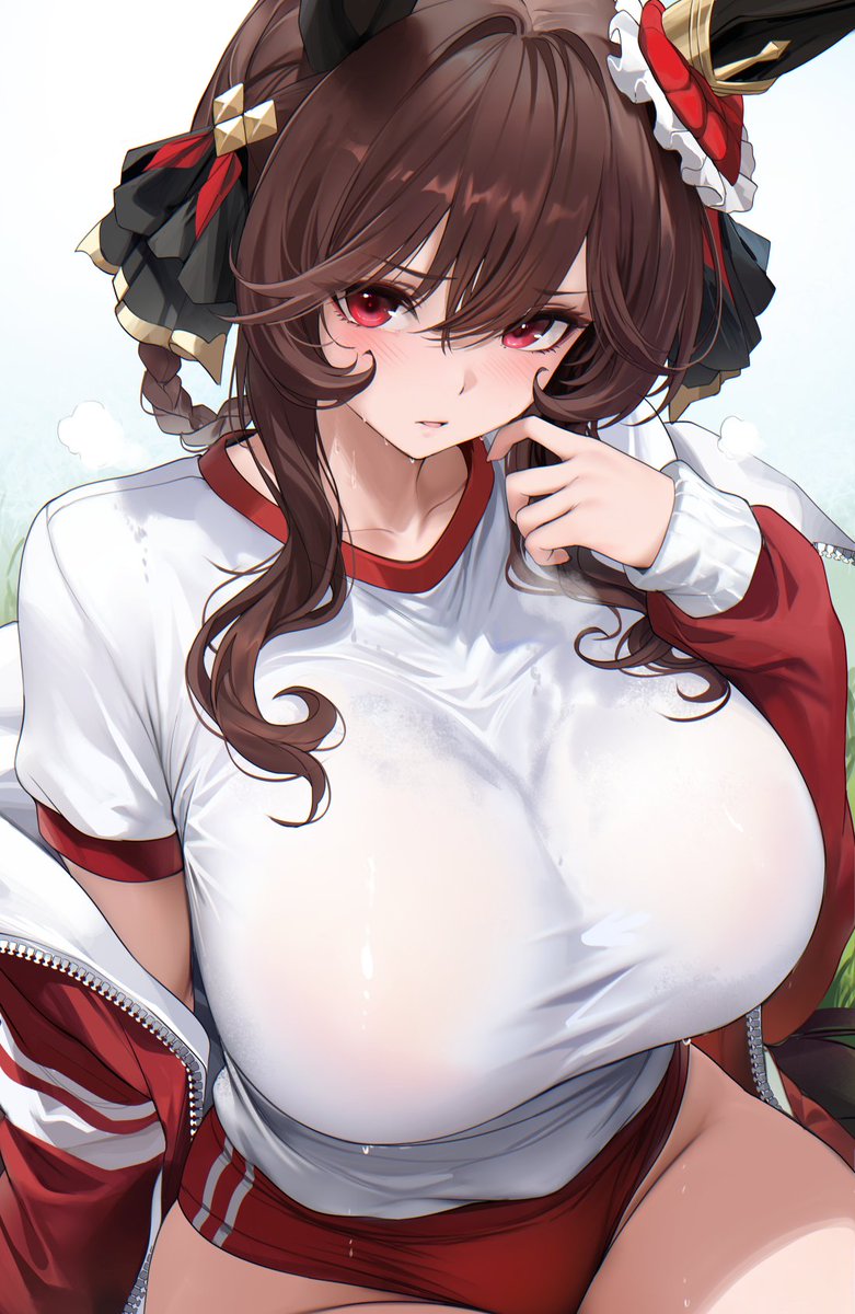re0n, gentildonna (umamusume), umamusume, highres, 1girl, animal ears, blush, bra visible through clothes, braid, breasts, brown hair, buruma, grass, hair ornament, hand up, horse ears, jacket, large breasts, long hair, long sleeves, looking at viewer, open clothes, open jacket, parted lips, red buruma, red eyes, red jacket, shirt, sitting, sweat, sweaty clothes, t-shirt, unzipped, white shirt