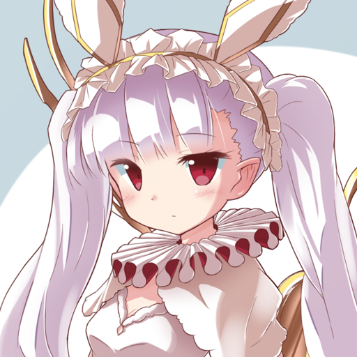 ryogo, uasaha, kai-ri-sei million arthur, million arthur (series), 1girl, animal ear hairband, animal ears, breasts, capelet, dress, fake animal ears, frilled hairband, frills, hairband, mechanical wings, neck ruff, rabbit ear hairband, rabbit ears, red eyes, small breasts, solo, twintails, upper body, white capelet, white dress, white hair, white hairband, wings
