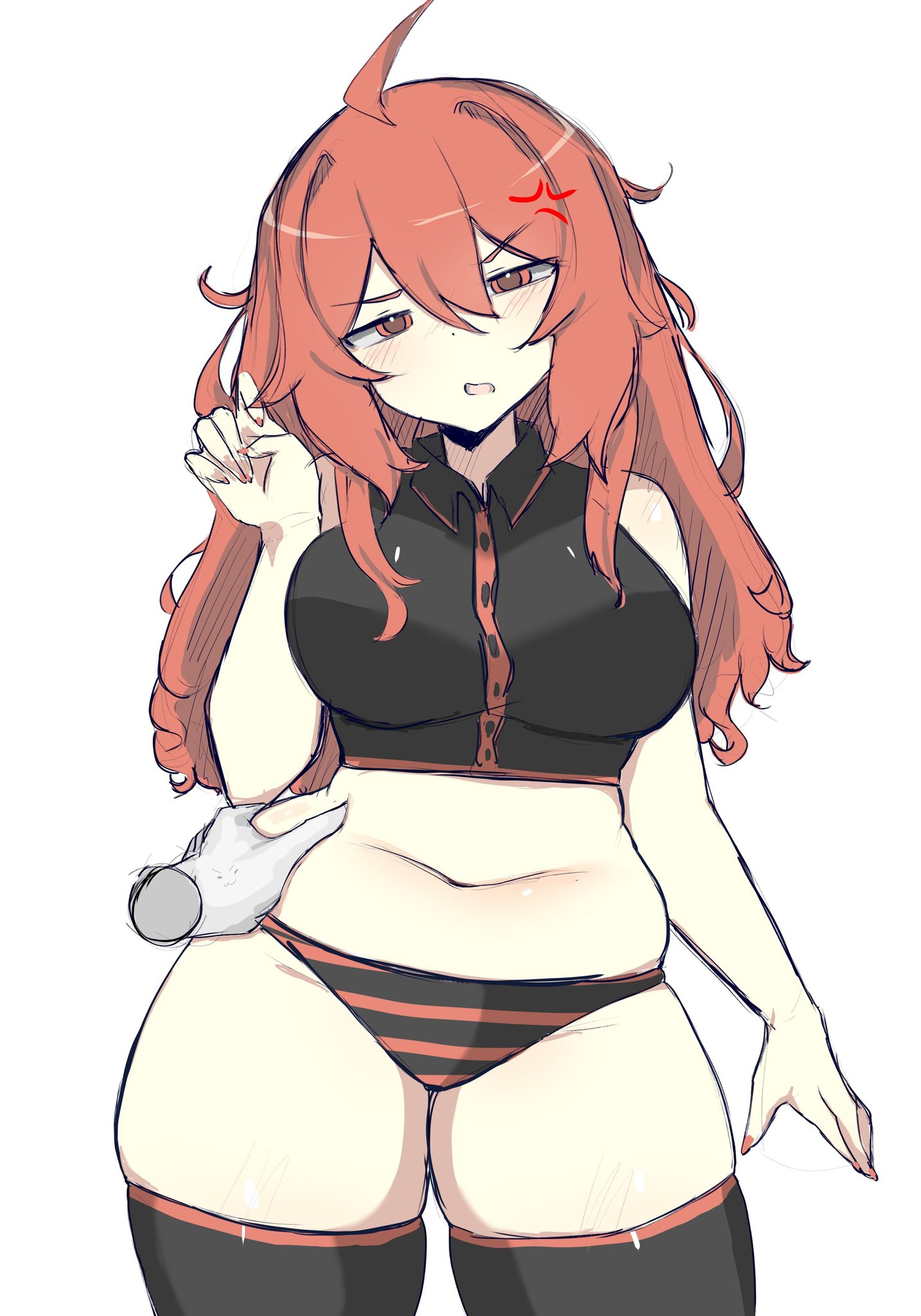 m3link, kasane teto, kasane teto (utau), utau, commentary, highres, 1girl, ahoge, alternate hairstyle, anger vein, belly, belly grab, black panties, black thighhighs, blush, breasts, disembodied hand, hand up, long hair, looking at viewer, open mouth, panties, plump, red eyes, red hair, red nails, red panties, simple background, striped clothes, striped panties, thighhighs, two-tone panties, underwear, white background