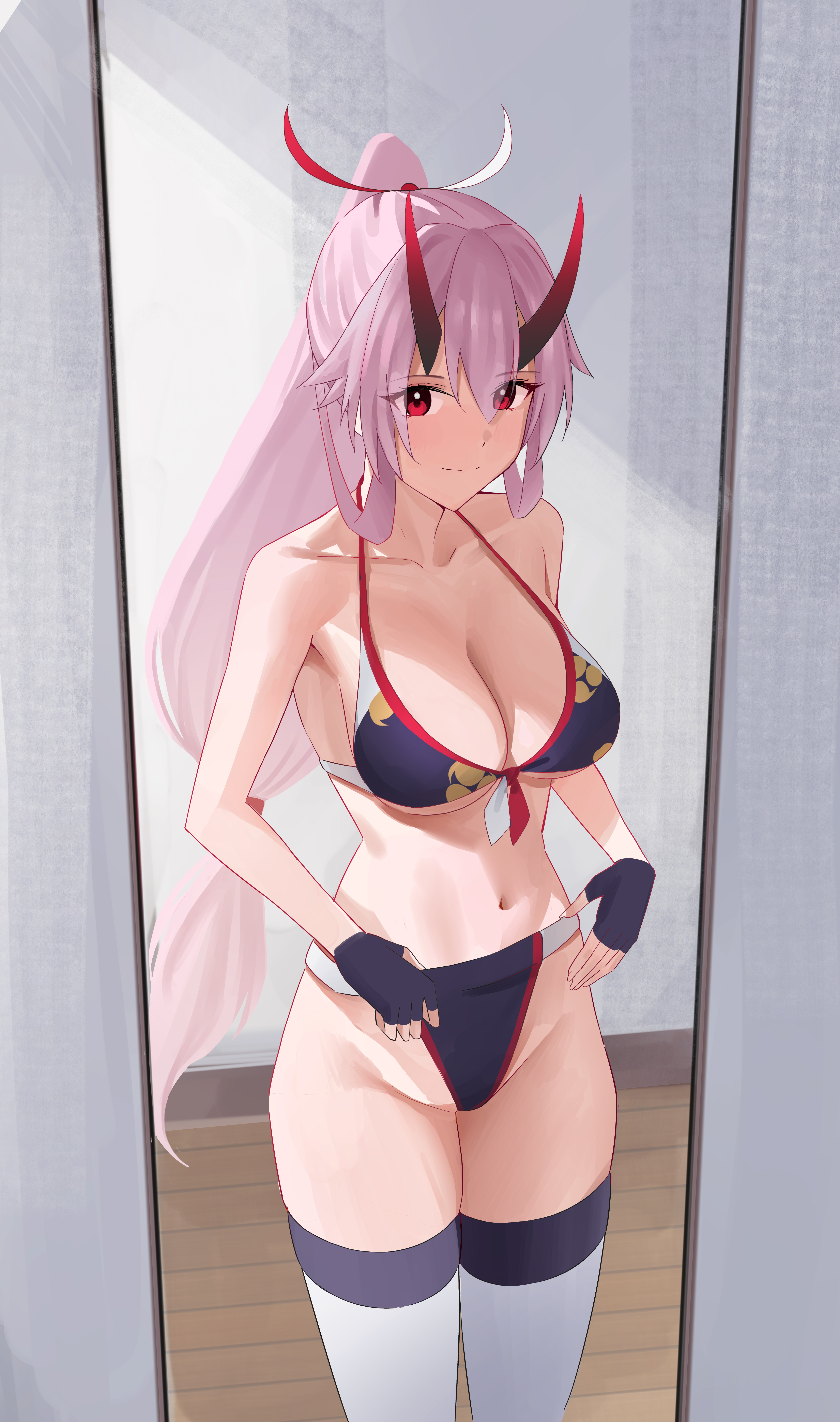 o taku, tomoe gozen (fate), tomoe gozen (swimsuit saber) (third ascension) (fate), fate/grand order, fate (series), tomoe gozen (swimsuit saber) (fate), absurdres, highres, 1girl, bikini, breasts, cleavage, collarbone, full-length mirror, grey eyes, hair between eyes, horns, indoors, large breasts, light smile, long hair, looking at viewer, low-tied long hair, mirror, mitsudomoe (shape), navel, oni, ponytail, purple bikini, red eyes, reflection, reflection focus, solo, standing, swimsuit, thighhighs, tomoe (symbol), wooden floor