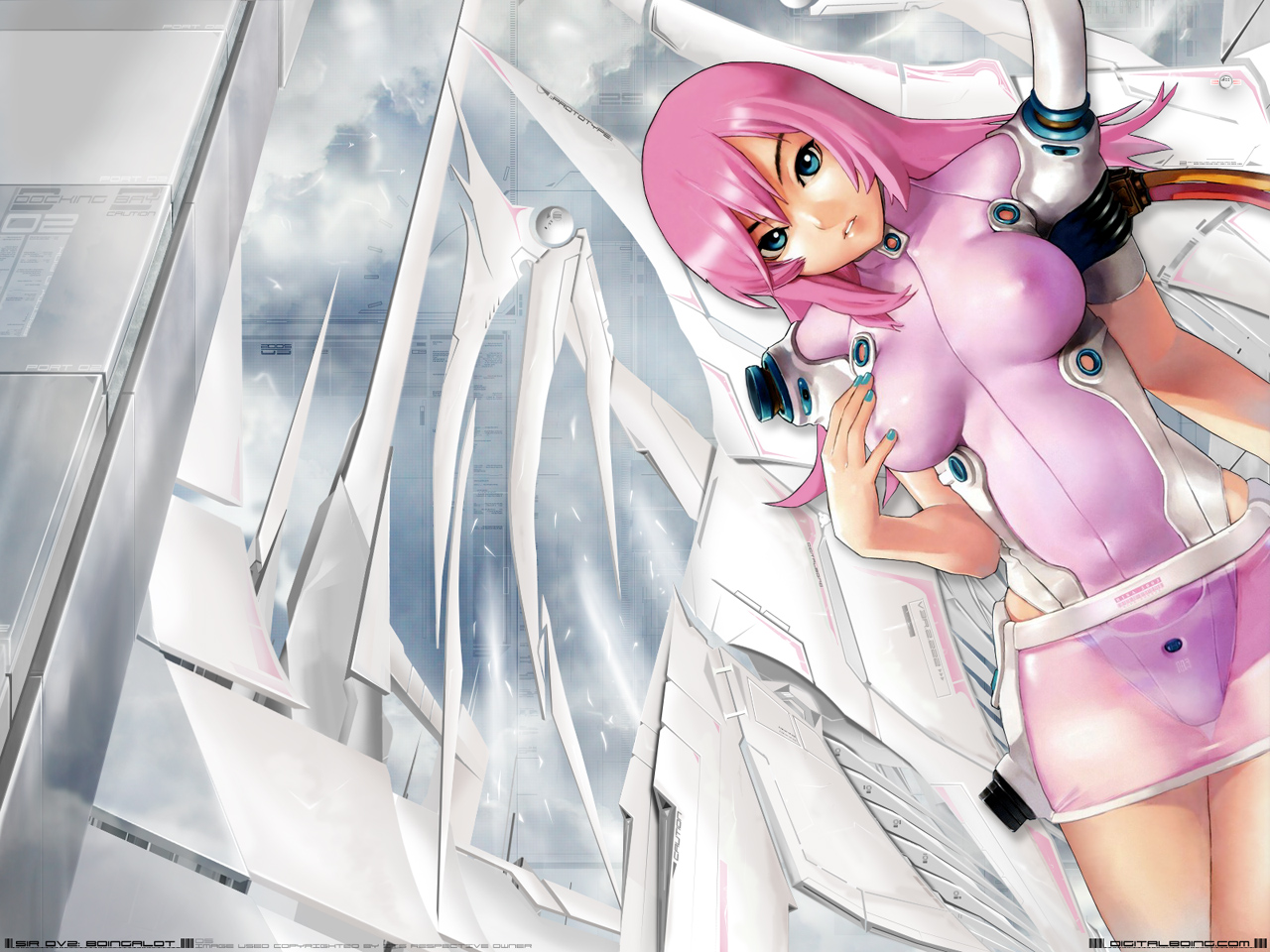 hakua ugetsu, lisa.com, taisen hot gimmick, taisen hot gimmick 3, official art, official wallpaper, scan, 1girl, angel, aqua nails, blue eyes, bodysuit, breasts, cable, covered erect nipples, dutch angle, female focus, grabbing another's breast, grabbing own breast, gradient background, groping, large breasts, latex, leotard, long hair, looking at viewer, miniskirt, nail polish, parted bangs, pink hair, science fiction, see-through clothes, shiny clothes, sidelocks, skin tight, skirt, solo, thigh gap, thighs, turtleneck, wings