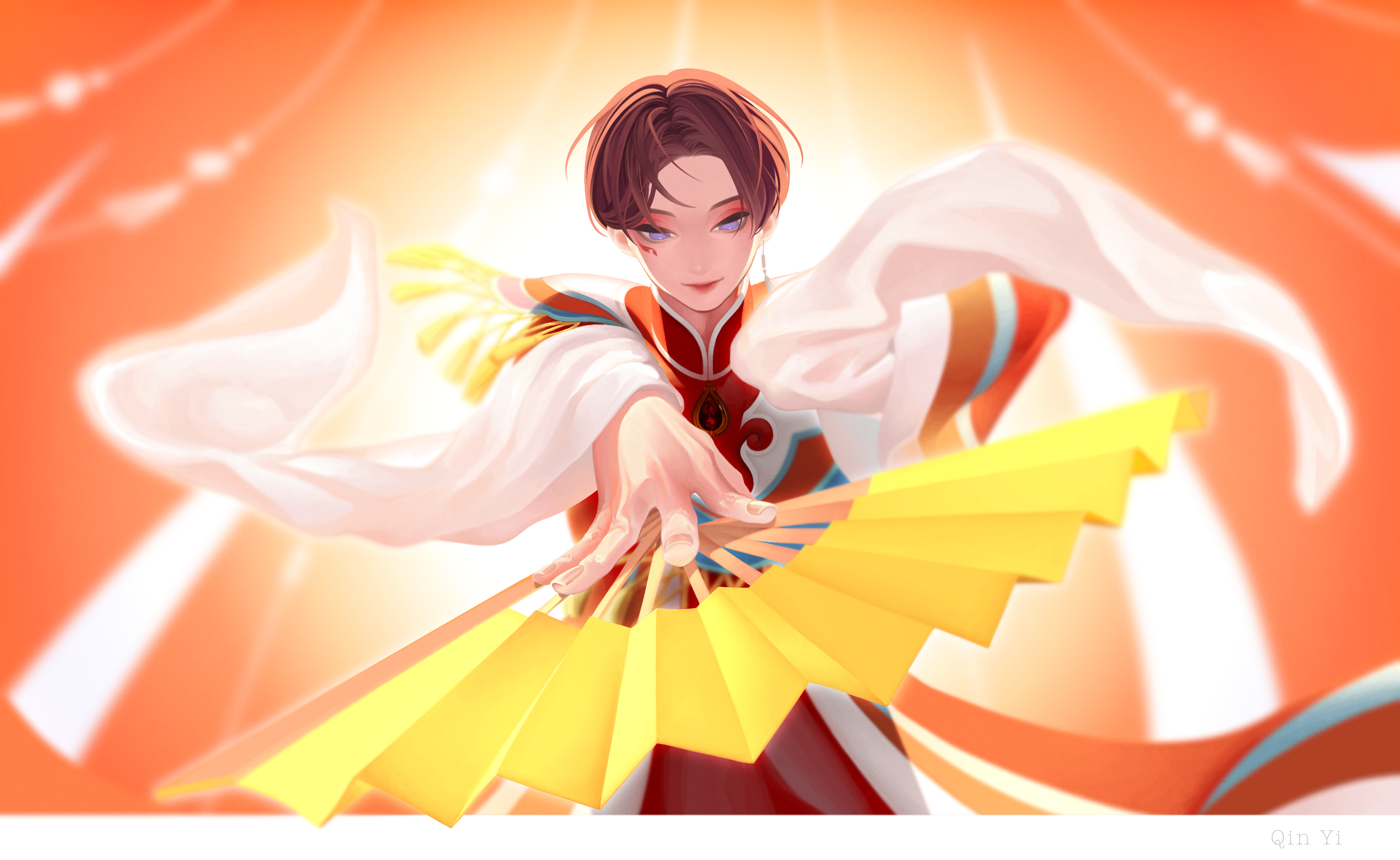 1 hcs, nikki (series), shining nikki, absurdres, highres, 1boy, backlighting, border, character name, chinese clothes, closed mouth, cowboy shot, earrings, eyeshadow, fingernails, floating clothes, folding fan, hand fan, hanfu, high collar, holding, holding fan, jewelry, letterboxed, lipstick, looking at viewer, makeup, male focus, mandarin collar, marking on cheek, qin yi, red background, red eyeshadow, red hanfu, red lips, shawl, single earring, smile, solo, standing, tassel, tassel earrings, white border, white shawl, wind chime