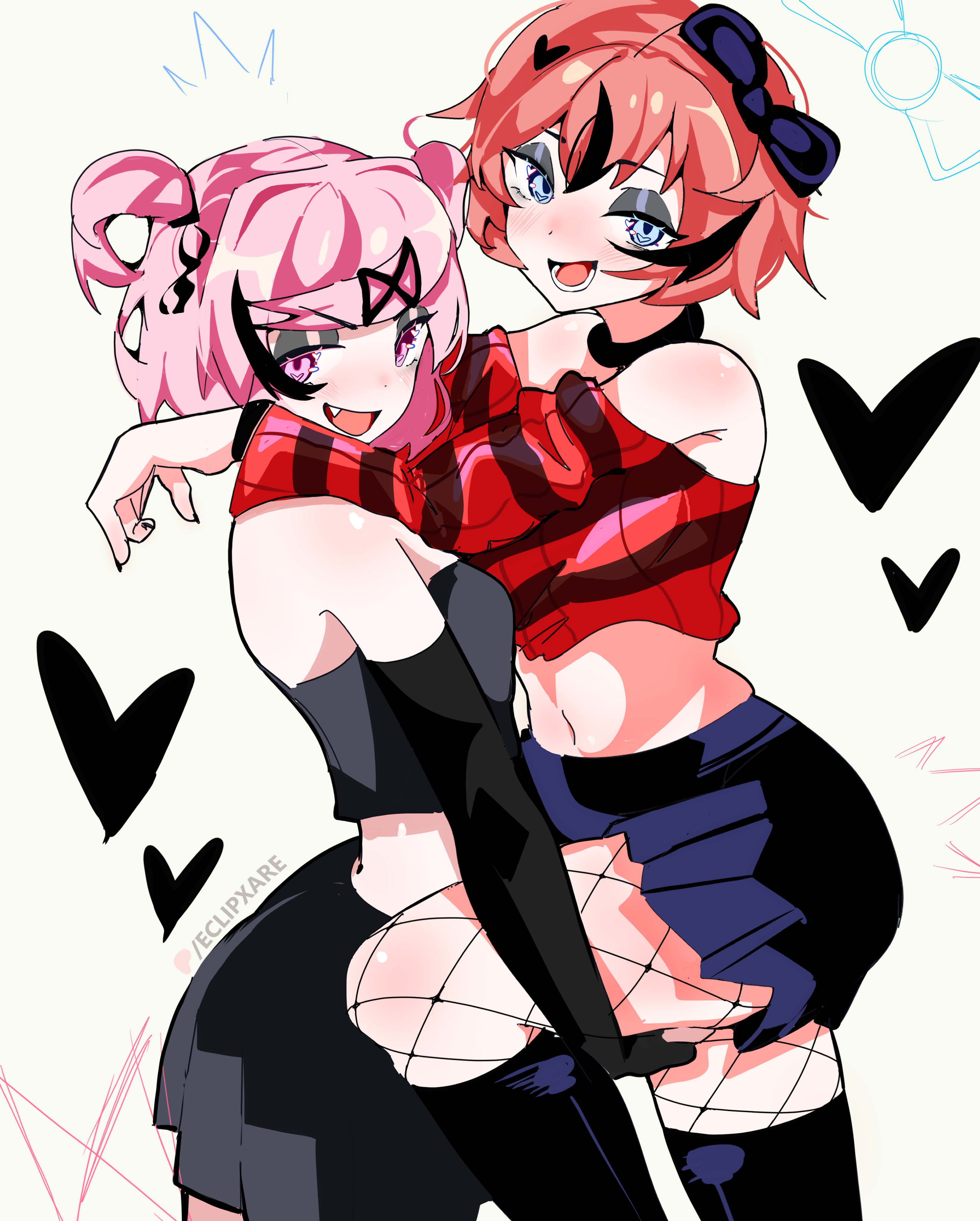 eclipxare, natsuki (doki doki literature club), sayori (doki doki literature club), doki doki literature club, absurdres, commentary, english commentary, highres, 2girls, :d, alternate costume, arms on another's shoulder, bare shoulders, black bow, black choker, black eyeshadow, black gloves, black nails, black skirt, black streaks, black thighhighs, black tube top, blue eyes, blush, bow, breasts, choker, cowboy shot, double-parted bangs, elbow gloves, eyeshadow, fang, fishnet pantyhose, fishnets, from side, gloves, goth fashion, hair bow, hair ornament, hands on another's leg, heart, holding another's leg, looking at viewer, lower teeth only, makeup, medium breasts, multicolored hair, multiple girls, navel, off-shoulder sweater, off shoulder, open mouth, pantyhose, patreon username, pink eyes, pink hair, pink sweater, pleated skirt, short hair, simple background, skirt, small breasts, smile, stomach, strapless, streaked hair, striped clothes, sweater, teeth, thighhighs, tube top, two side up, white background