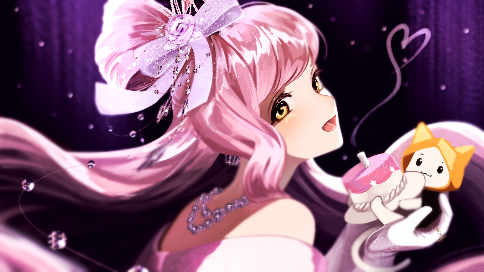 1 hcs, momo (nikki), nikki (nikki), miracle nikki, nikki (series), 1girl, :3, animal, bead necklace, beads, birthday, birthday cake, black background, black eyes, bow, cake, candle, cat, closed mouth, clothed animal, crown, dress, ear covers, earrings, eyelashes, floating hair, food, gloves, hair beads, hair bow, hair bun, hair ornament, half updo, head only, head tilt, heart, heart of string, holding, holding plate, hood, hood up, impasto, jewelry, light blush, long hair, mini crown, necklace, off-shoulder dress, off shoulder, open mouth, pink dress, pink hair, plate, pointy nose, purple bow, ring, single hair bun, smile, smoke, solid oval eyes, solo focus, sparkle of stars (miracle nikki), upper body, very long hair, white cat, white gloves, yellow eyes, yellow hood