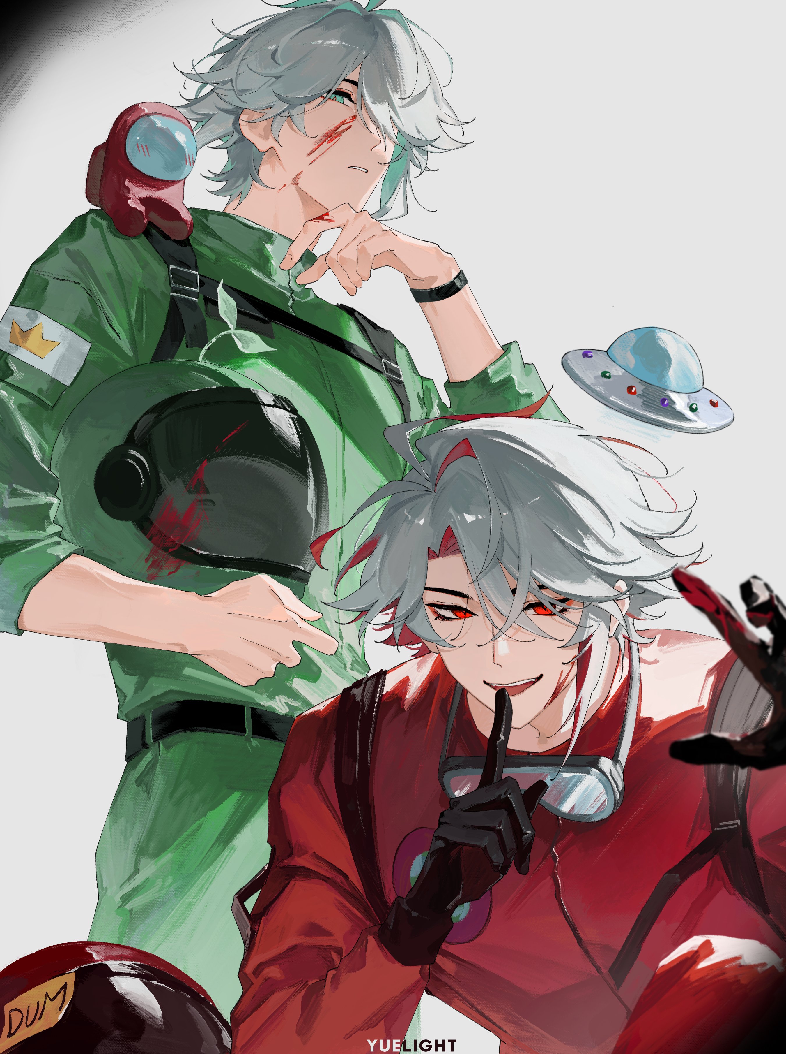 yuelight, alhaitham (genshin impact), crewmate (among us), among us, genshin impact, absurdres, highres, 2boys, aqua eyes, aqua hair, black gloves, bodysuit, cosplay, crewmate (among us) (cosplay), gloves, goggles, goggles around neck, green bodysuit, grey hair, hair between eyes, hair over one eye, helmet, holding, holding unworn helmet, long sleeves, male focus, multicolored hair, multiple boys, open mouth, red bodysuit, red eyes, red hair, short hair, smile, ufo, unworn headwear, unworn helmet