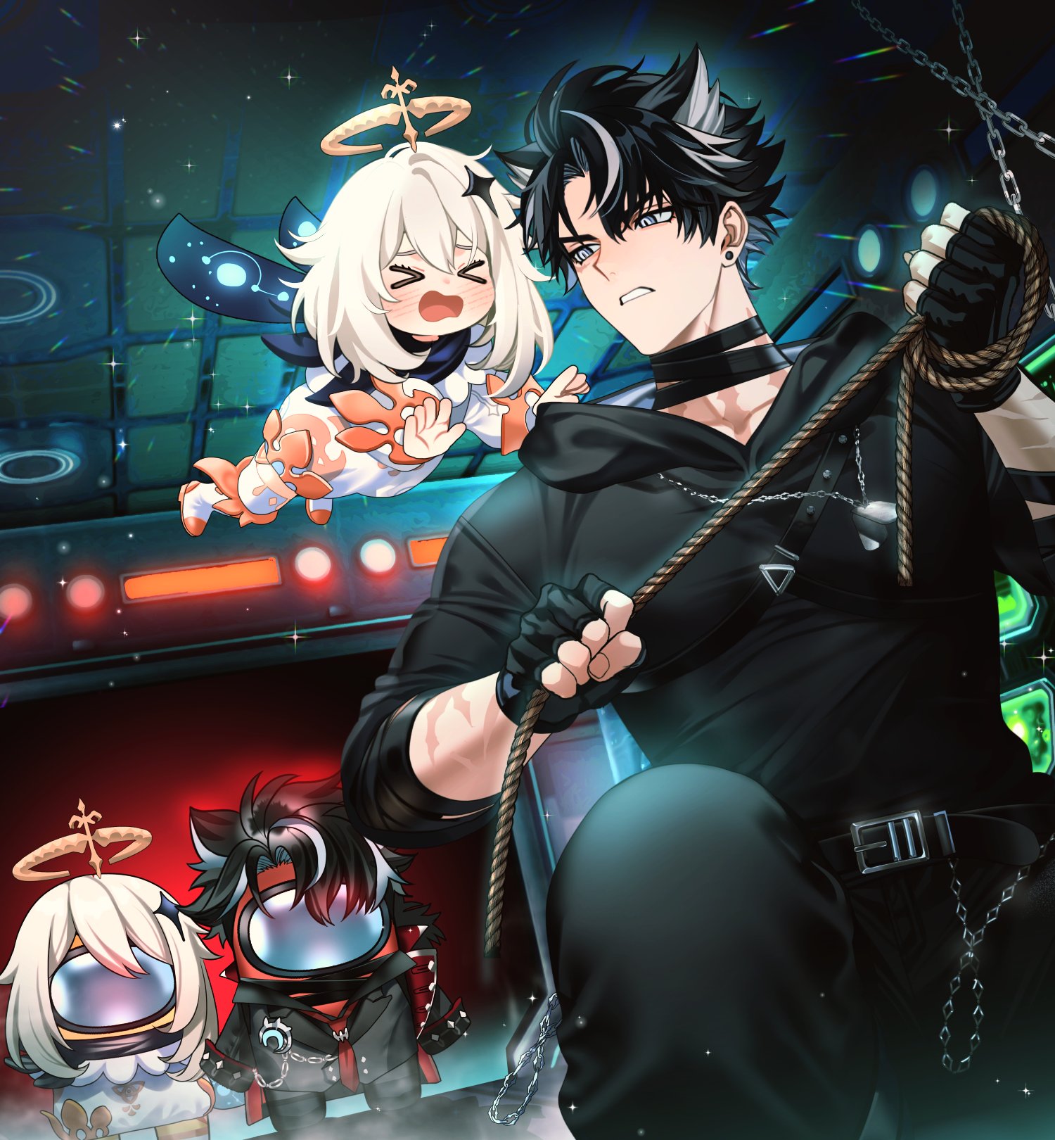 onegingek, crewmate (among us), paimon (genshin impact), wriothesley (genshin impact), among us, genshin impact, highres, > <, 1boy, 1girl, 2others, bandaged neck, bandages, belt, black gloves, black hair, black hood, black pants, black shirt, blush, cosplay, dress, earrings, fingerless gloves, gloves, hair between eyes, hair ornament, halo, jewelry, long sleeves, medium hair, multicolored hair, multiple others, open mouth, paimon (genshin impact) (cosplay), pants, scar, shirt, short hair, streaked hair, white dress, white hair, wriothesley (genshin impact) (cosplay)