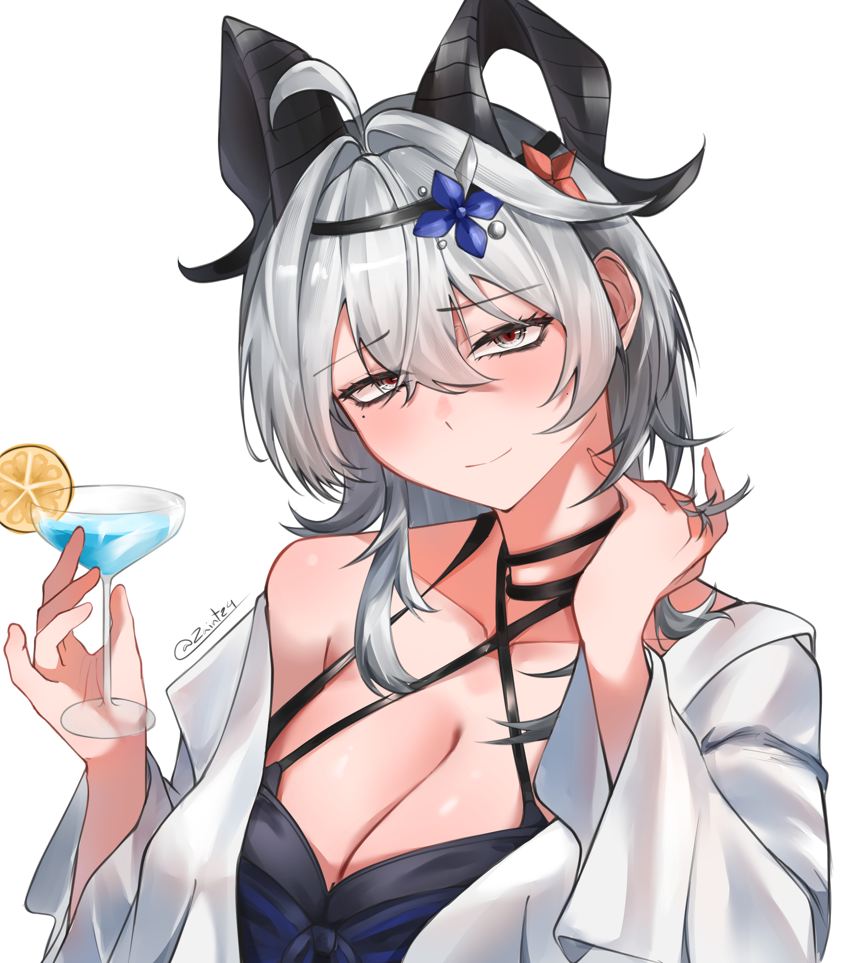 zaint (zaintz4), zani (wuthering waves), wuthering waves, absurdres, commentary, highres, 1girl, ahoge, artist name, black eyes, black horns, breasts, cleavage, closed mouth, collarbone, criss-cross halter, cup, curled horns, drinking glass, fingernails, hair between eyes, hair intakes, halterneck, hand up, holding, holding cup, horns, looking at viewer, medium breasts, mole, mole under eye, multicolored eyes, red eyes, shirt, simple background, single off shoulder, smile, solo, two-tone eyes, upper body, white background, white shirt