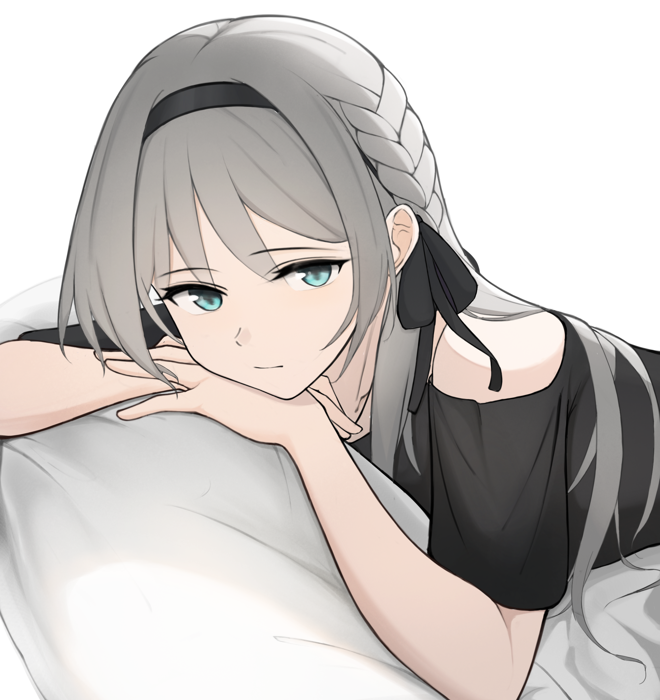 sharp-pig, an-94 (girls' frontline), girls' frontline, absurdres, commentary, highres, 1girl, aqua eyes, black dress, black hairband, closed mouth, dress, grey hair, hairband, long hair, looking at viewer, lying, on stomach, simple background, solo, white background