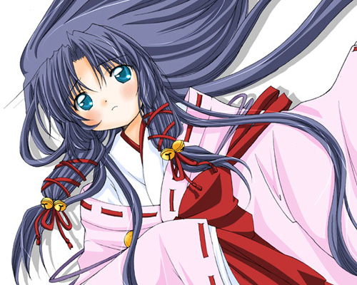 kannabi no mikoto, air (visual novel), lowres, 00s, 1girl, bell, blue eyes, blue hair, female focus, hakama, hakama skirt, japanese clothes, long hair, matching hair/eyes, miko, red hakama, skirt, solo