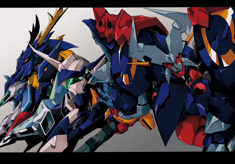 dygenguar, ryukooh, wildwurger, banpresto, super robot wars, armor, helmet, letterboxed, machinery, mecha, no humans, robot, super robot, weapon