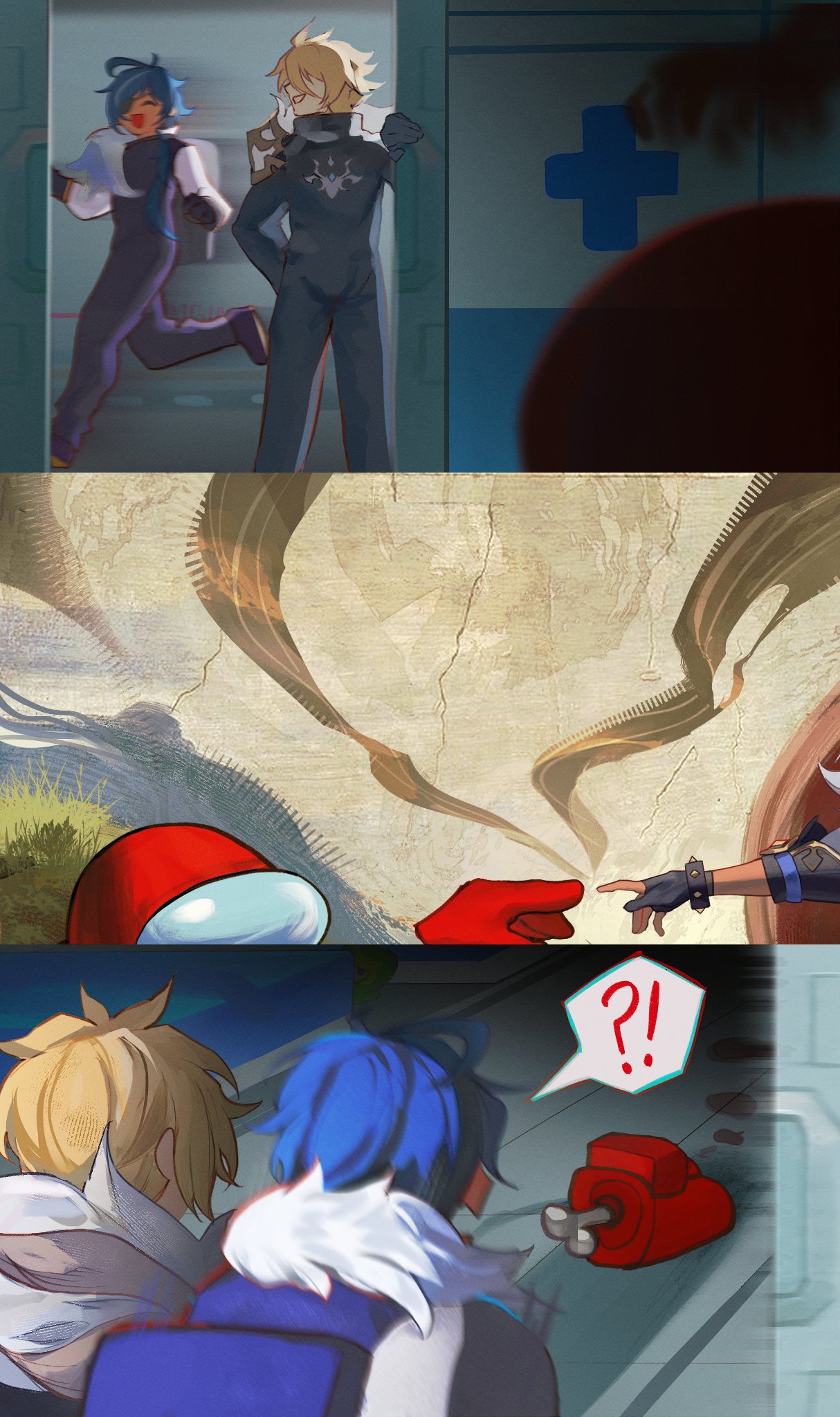 srro yo, crewmate (among us), kaeya (genshin impact), red (among us), varka (genshin impact), among us, genshin impact, the creation of adam, commentary, english commentary, highres, !?, 1other, 2boys, :d, ^ ^, alternate costume, black gloves, blonde hair, blood, blood on ground, blue hair, cartoon bone, closed eyes, corpse, crossover, dark-skinned male, dark skin, doorway, fine art parody, gloves, looking at another, multiple boys, open mouth, outstretched arm, outstretched arms, parody, running, smile, spacecraft, spacesuit