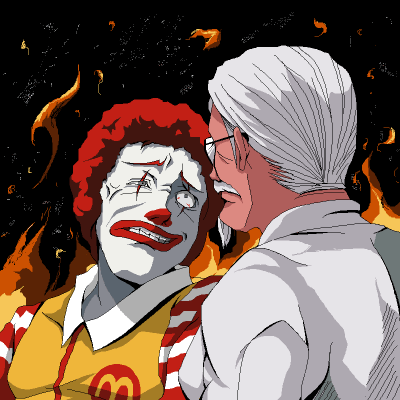 tsukumo (soar99), colonel sanders, ronald mcdonald, kfc, mcdonald's, lowres, 2boys, afro, glasses, male focus, multiple boys, scar, scar across eye, scar on face, upper body