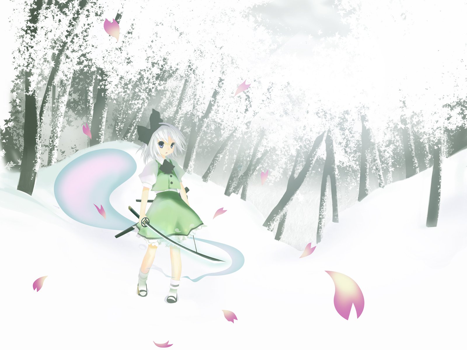 mahan (clock hearts), konpaku youmu, konpaku youmu (ghost), touhou, silver hair, highres, 1girl, blue eyes, cherry blossoms, dual wielding, female focus, hairband, holding, mary janes, outdoors, petals, shoes, short hair, skirt, sky, snow, socks, solo, tanto, tree, vest, white socks