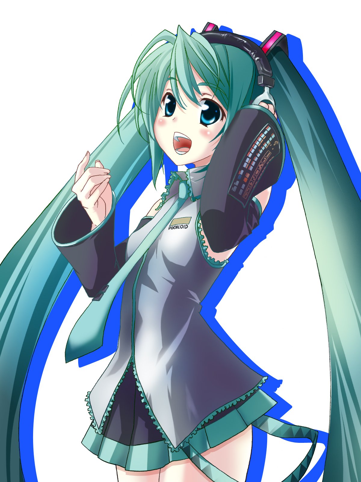 mahan (clock hearts), hatsune miku, vocaloid, highres, 1girl, aqua hair, aqua necktie, detached sleeves, earphones, female focus, headphones, long hair, necktie, solo, twintails, very long hair