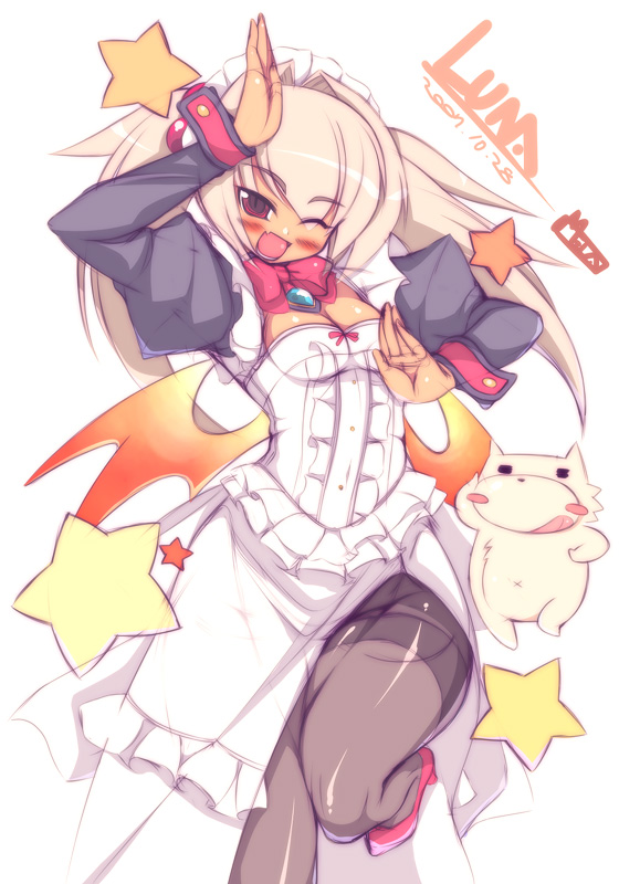 mel/a, luna (mel/a), original, 1girl, apron, black pantyhose, blush, cuffs, dog, fang, female focus, flat chest, high heels, maid, maid apron, maid headdress, one eye closed, pantyhose, shoes, solo, thighband pantyhose, twintails, wink