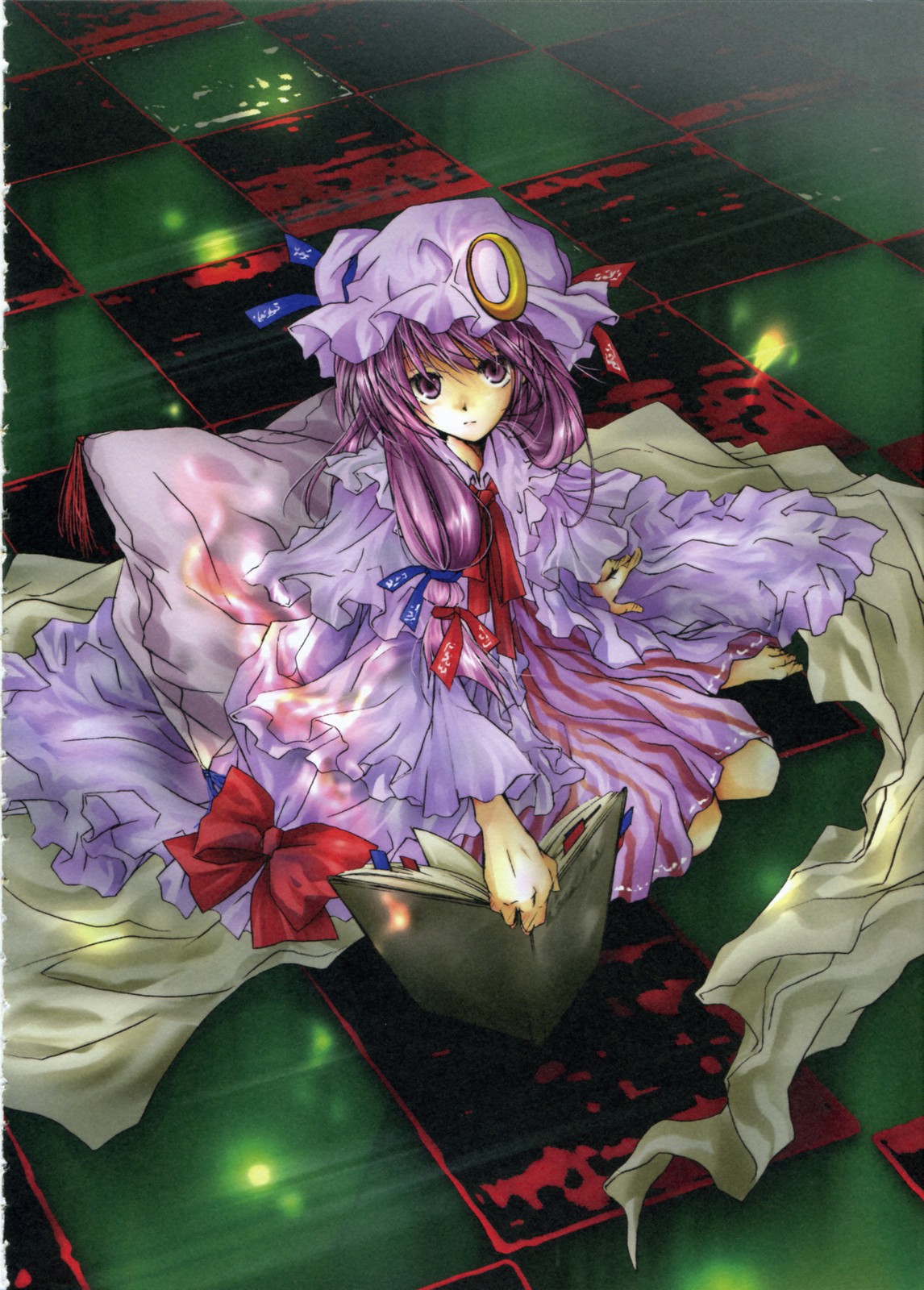 patchouli knowledge, touhou, highres, 1girl, book, female focus, hair ribbon, long hair, purple eyes, purple hair, ribbon, sitting, solo