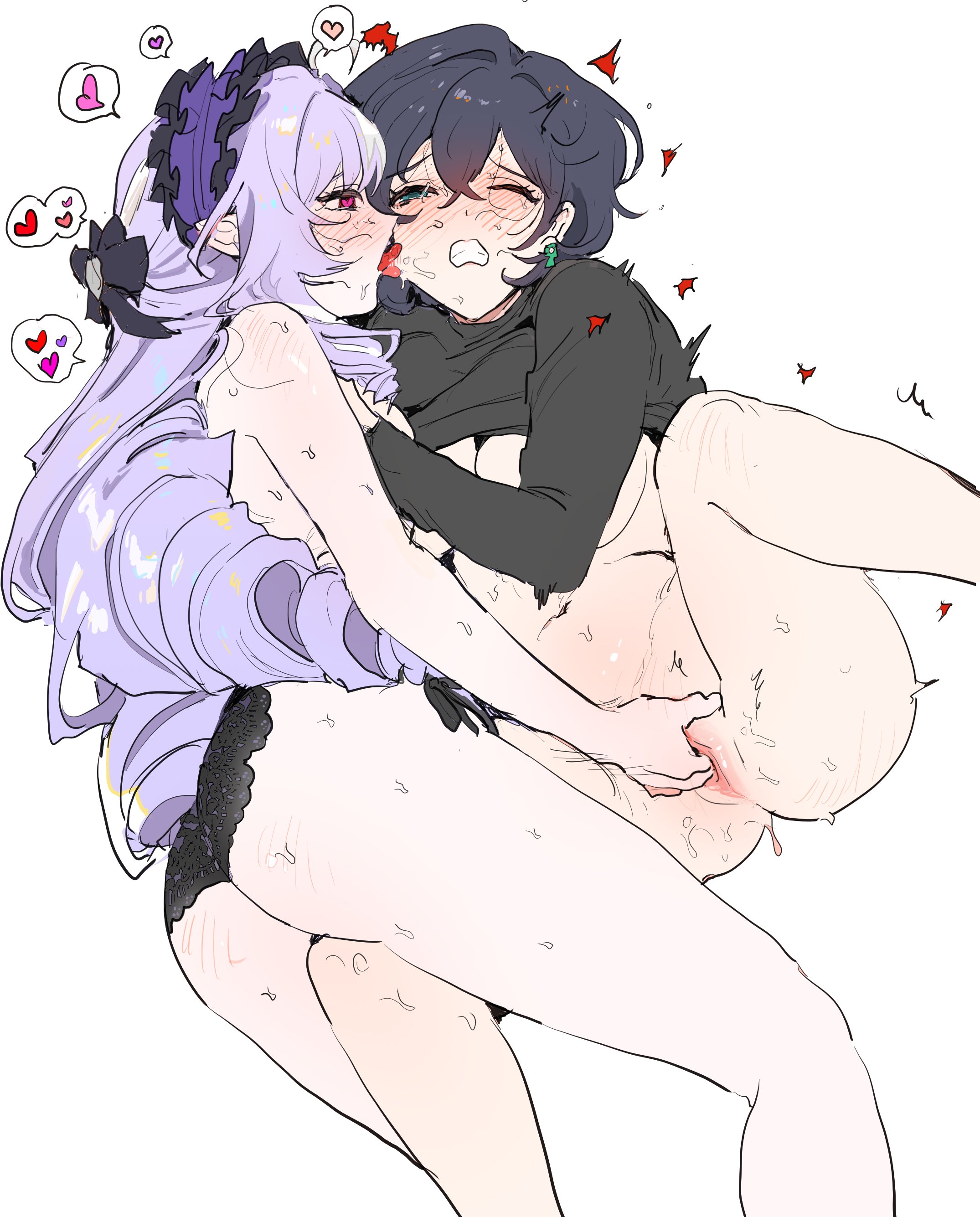 dal-gi, belle (zenless zone zero), vivian banshee, zenless zone zero, absurdres, highres, 2girls, aroused, black hair, black panties, black shirt, blush, breasts, clenched teeth, clothes lift, drill hair, femdom, fingering, full-face blush, green eyes, hairband, heart, heart-shaped pupils, knee up, large breasts, leg between thighs, licking, licking another's cheek, licking another's face, maid headdress, motion lines, multiple girls, one eye closed, panties, purple hair, purple hairband, pussy, pussy juice, shirt, shirt lift, side-tie panties, simple background, spoken heart, spread legs, stomach, symbol-shaped pupils, teeth, tongue, tongue out, trembling, twin drills, uncensored, underwear, white background, yuri