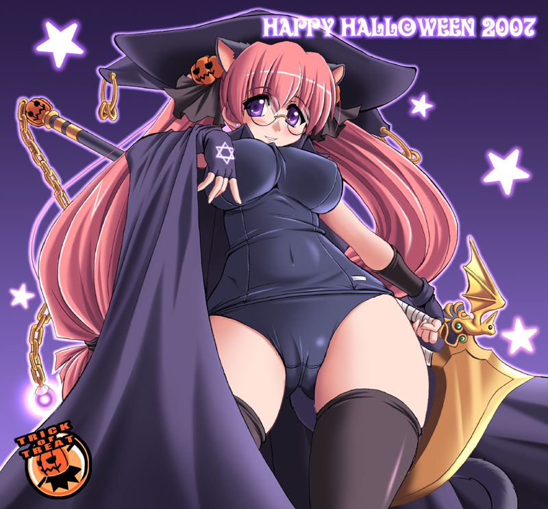 tonpuu, log-mi (tonpuu), original, 1girl, animal ears, black one-piece swimsuit, breasts, cat ears, female focus, food-themed hair ornament, glasses, hair ornament, halloween, happy halloween, huge breasts, one-piece swimsuit, pumpkin hair ornament, school swimsuit, solo, swimsuit, thighhighs, trick or treat