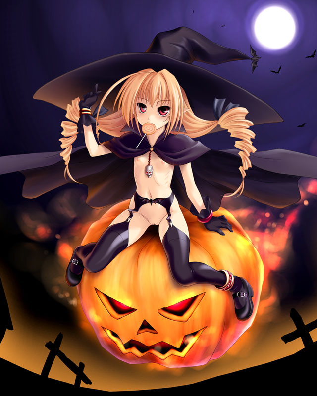 norizou type-r, original, 1girl, blonde hair, boots, bottomless, breasts, candy, drill hair, female focus, food, halloween, hat, jack-o'-lantern, lollipop, long hair, mouth hold, pumpkin, red eyes, small breasts, solo, swirl lollipop, thighhighs, twintails, witch hat