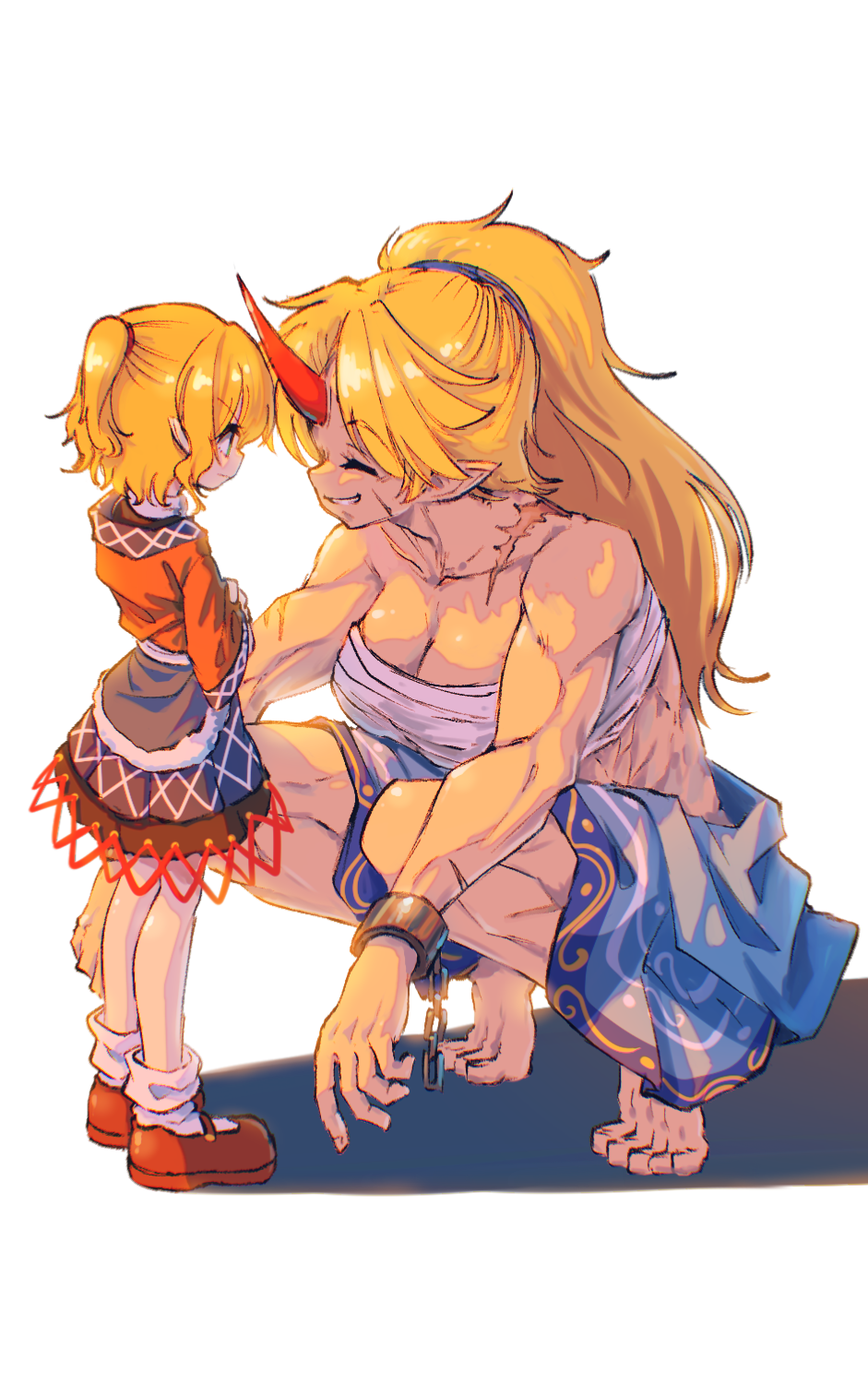 suteruko, hoshiguma yuugi, mizuhashi parsee, touhou, commentary, english commentary, highres, mixed-language commentary, 2girls, alternate costume, barefoot, blonde hair, breasts, brown shoes, chain, chest sarashi, cleavage, closed eyes, crossed arms, cuffs, facing another, green eyes, grin, height difference, horns, long hair, long sleeves, looking at another, mary janes, multiple girls, muscular, muscular female, oni, pointy ears, ponytail, red horns, sarashi, scar, scar on arm, scar on leg, scar on shoulder, shackles, shoes, simple background, single horn, skirt, smile, socks, squatting, tiptoes, toes, white background, white socks, wide sleeves