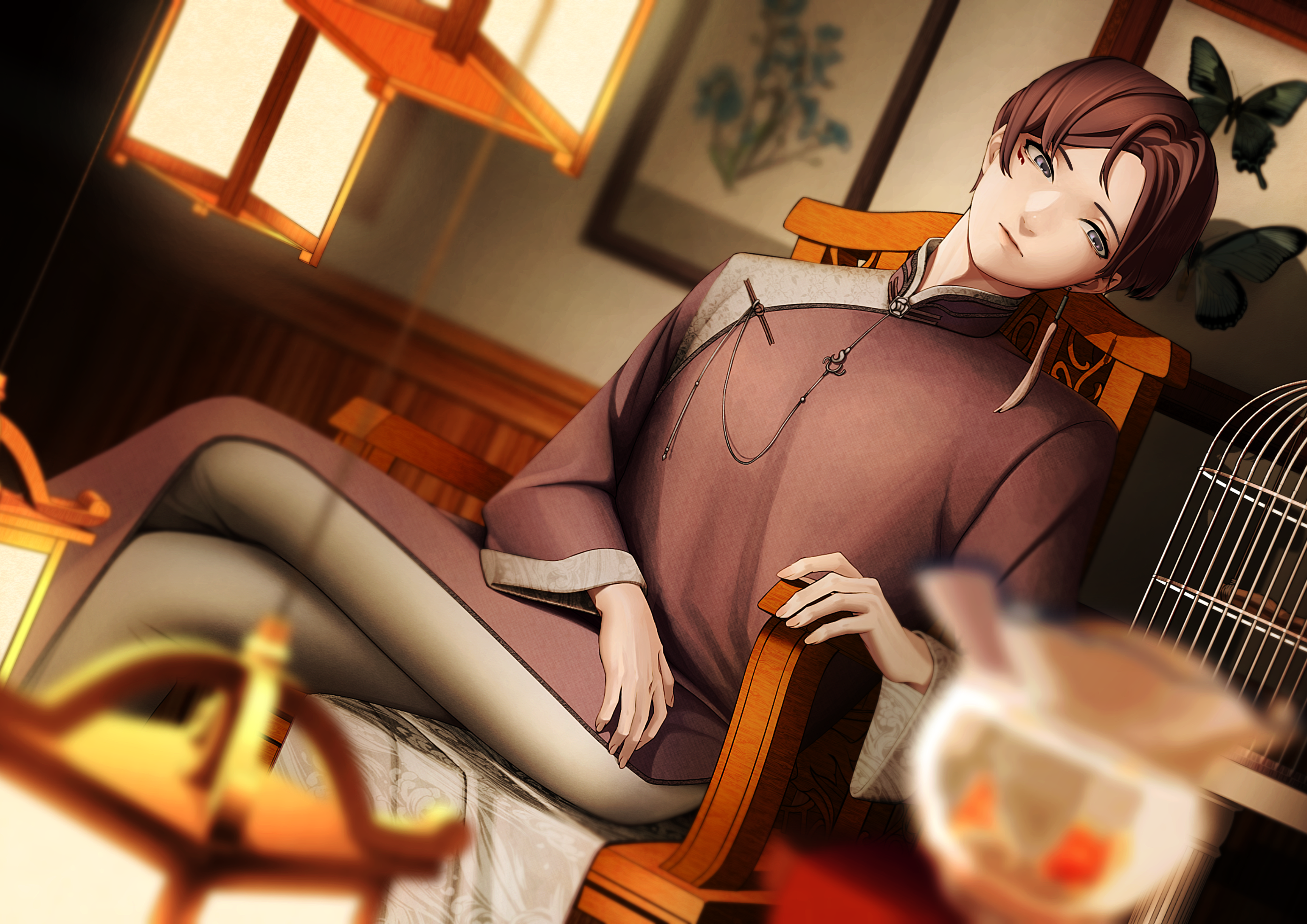 1 hcs, nikki (series), shining nikki, absurdres, highres, 1boy, birdcage, black changpao, blue butterfly, blurry, blurry foreground, brown hair, bug, butterfly, cage, chair, changpao, chinese clothes, closed mouth, depth of field, dutch angle, earrings, expressionless, feet out of frame, fingernails, fish, fishbowl, goldfish, grey eyes, grey pants, hand on lap, head tilt, indoors, insect, jewelry, lantern, lips, long sleeves, looking at animal, male focus, mandarin collar, marking on cheek, night, on chair, painting (object), pants, parted bangs, picture frame, pink lips, qin yi, shadow, short hair, single earring, sitting, solo, tassel, tassel earrings, water, wide sleeves