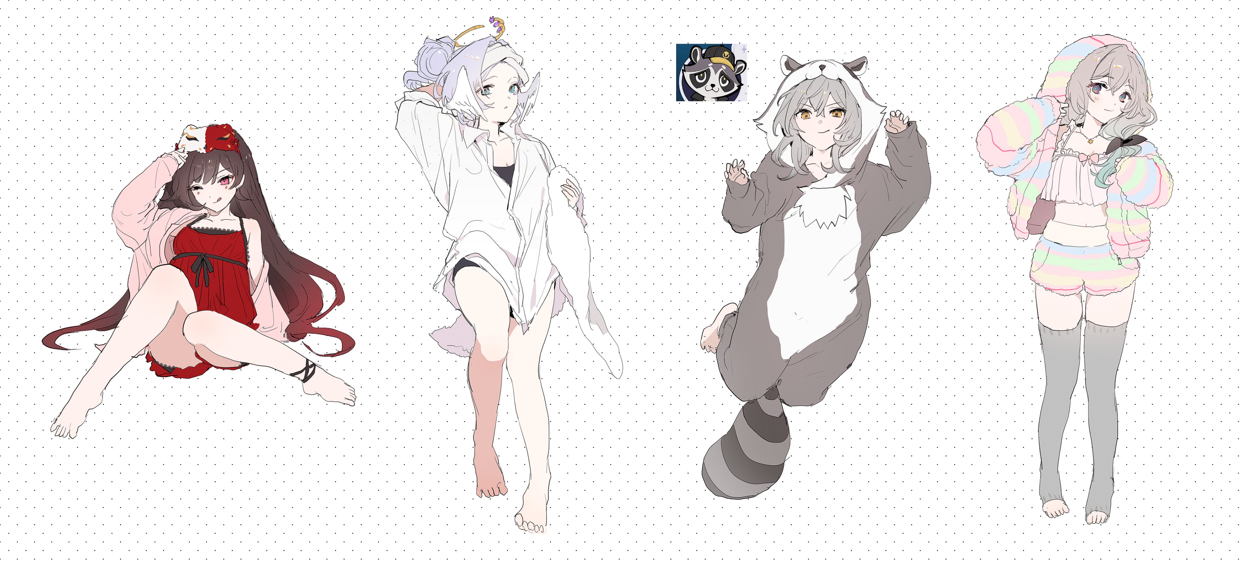 dal-gi, firefly (honkai: star rail), robin (honkai: star rail), sparkle (honkai: star rail), stelle (honkai: star rail), trailblazer (honkai: star rail), honkai: star rail, honkai (series), absurdres, highres, 4girls, adjusting clothes, adjusting headwear, animal costume, arm behind head, babydoll, black bra, black panties, black thighhighs, blue pupils, bra, brown eyes, brown hair, chemise, closed mouth, feathered wings, full body, fur jacket, fur shorts, gradient hair, grey hair, halo, hands up, head wings, holding, holding towel, hood, hooded jacket, jacket, licking lips, looking at viewer, mask, mask on head, multicolored hair, multiple girls, one eye closed, open clothes, open shirt, oversized clothes, oversized shirt, pajamas, panties, pink babydoll, pink eyes, pink shirt, raccoon costume, rainbow jacket, rainbow shorts, red chemise, red hair, shirt, simple background, sitting, smile, standing, thighhighs, tongue, tongue out, tongue up, towel, underwear, white background, white shirt, white wings, wings, yellow eyes